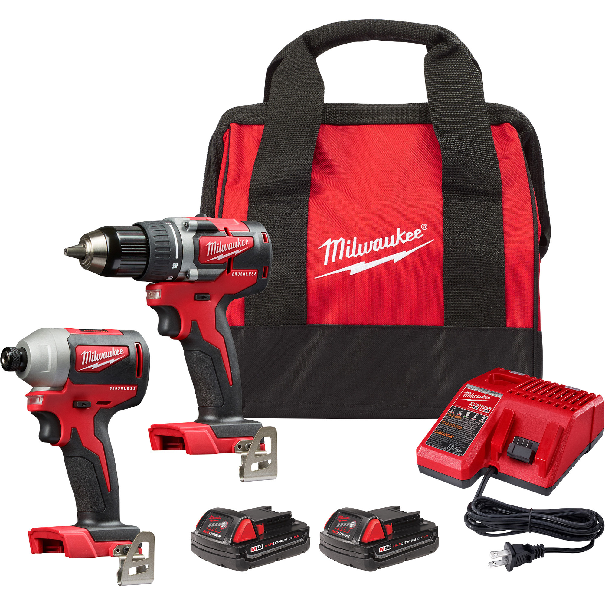 Milwaukee M18 2-Tool Brushless Combo Kit, 1/2in. Drill Driver, 1/4in. Hex  Impact Driver, 2 Batteries, Model# 2892-22CT