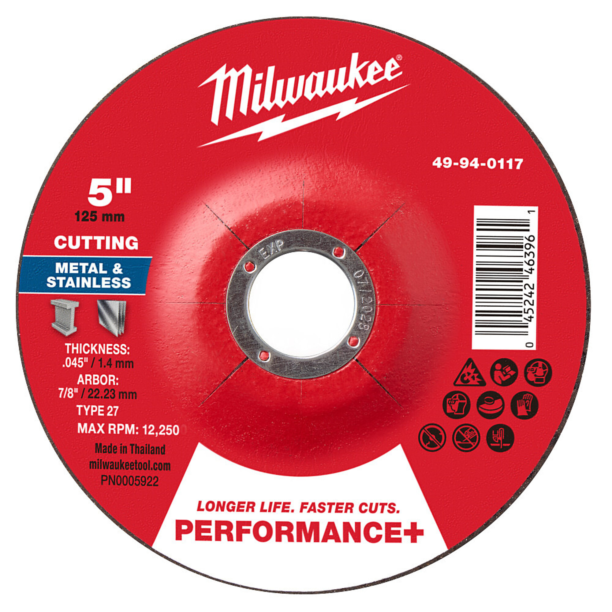 Miwlaukee 5" x .045" x 7/8" Performance + Metal Cut Off Disc - Type 27, Model# 49-94-0117