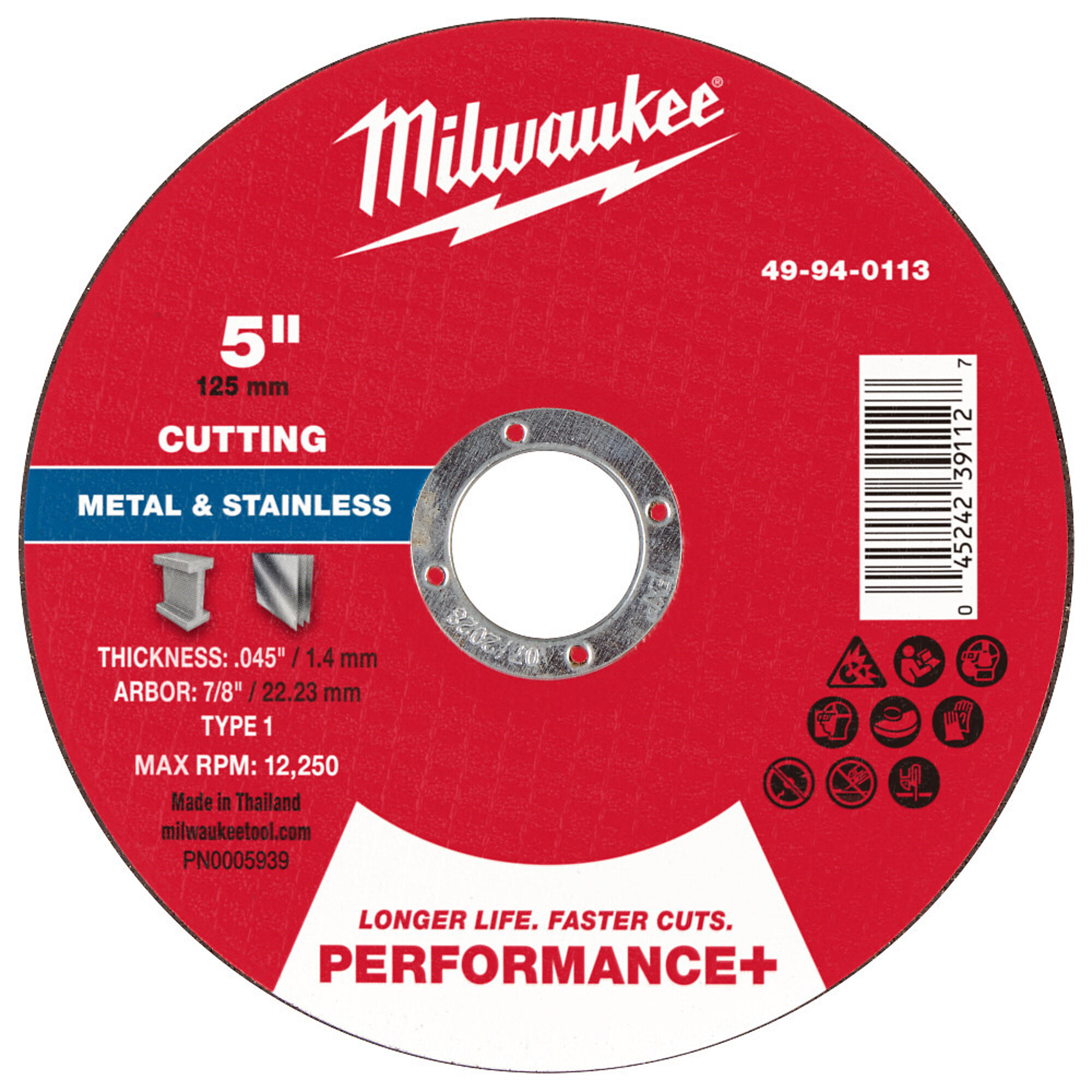 Miwlaukee 5" x .045" x 7/8" Performance + Metal Cut Off Disc - Type 1, Model# 49-94-0113