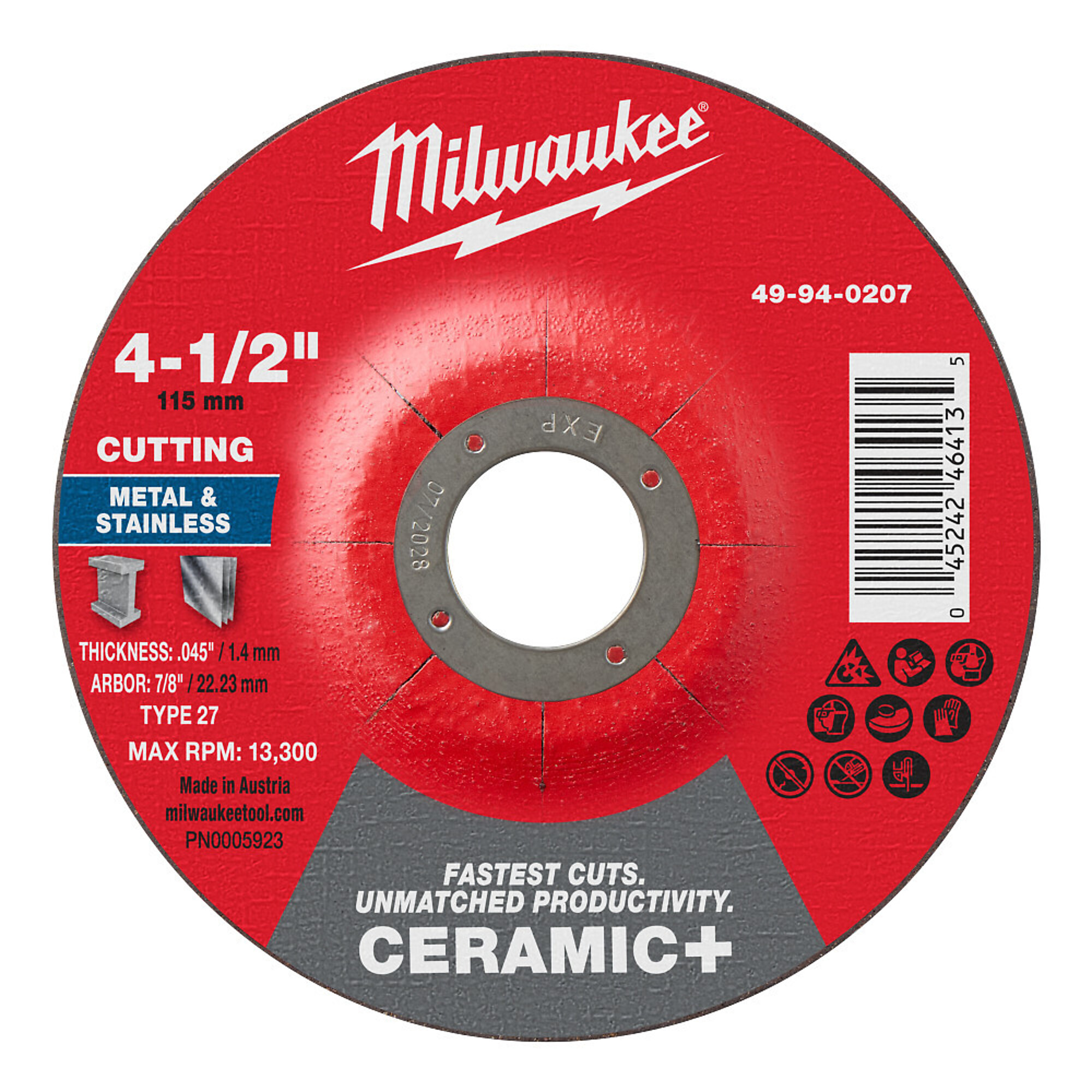 Miwlaukee 4-1/2" x .045" x 7/8" Ceramic + Metal Cut Off Disc -Type 27, Model# 49-94-0207