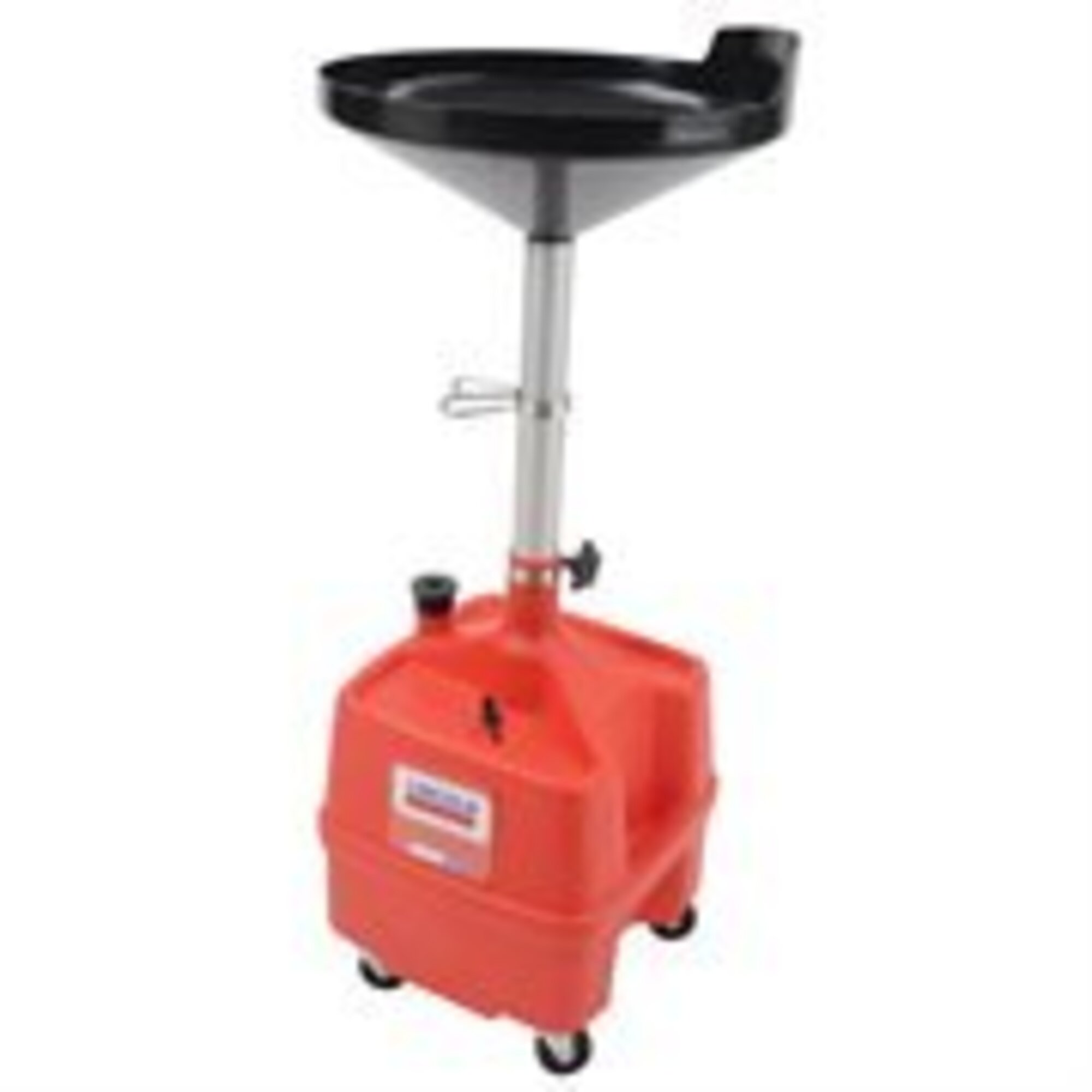 Lincoln Waste Fluid Drain Tank — 8-Gallon, Adjustable Funnel Height 36-65in., 17.5in. Bowl, Polyethylene, Oil Filter Shelf, Draining Spigot, 2.5in. Swivel Casters, Red, Model# LIN3508