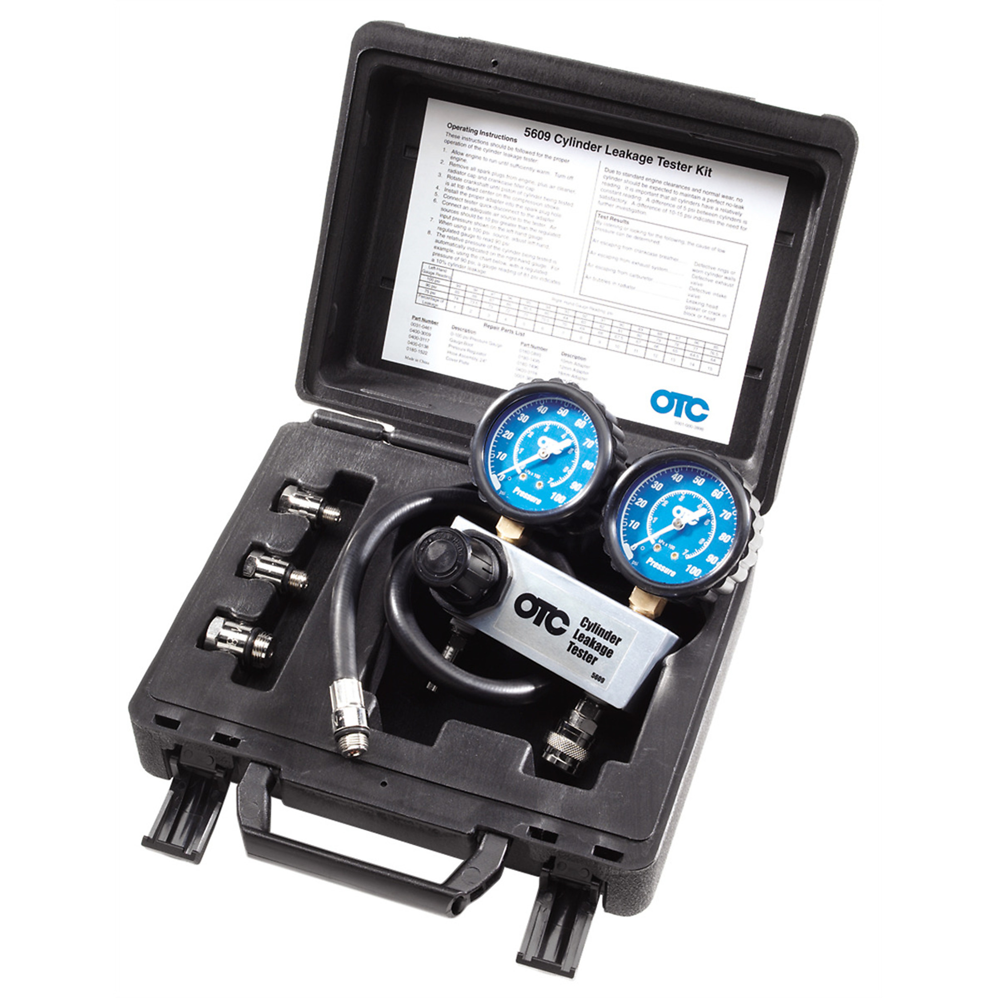 OTC Cylinder Leakage Tester Kit — Dual 2-1/2in. Gauges, 0-100 psi, 0-700 kPa, Adapters, 24in. Hose, Blow Mold Case, Model# 5609