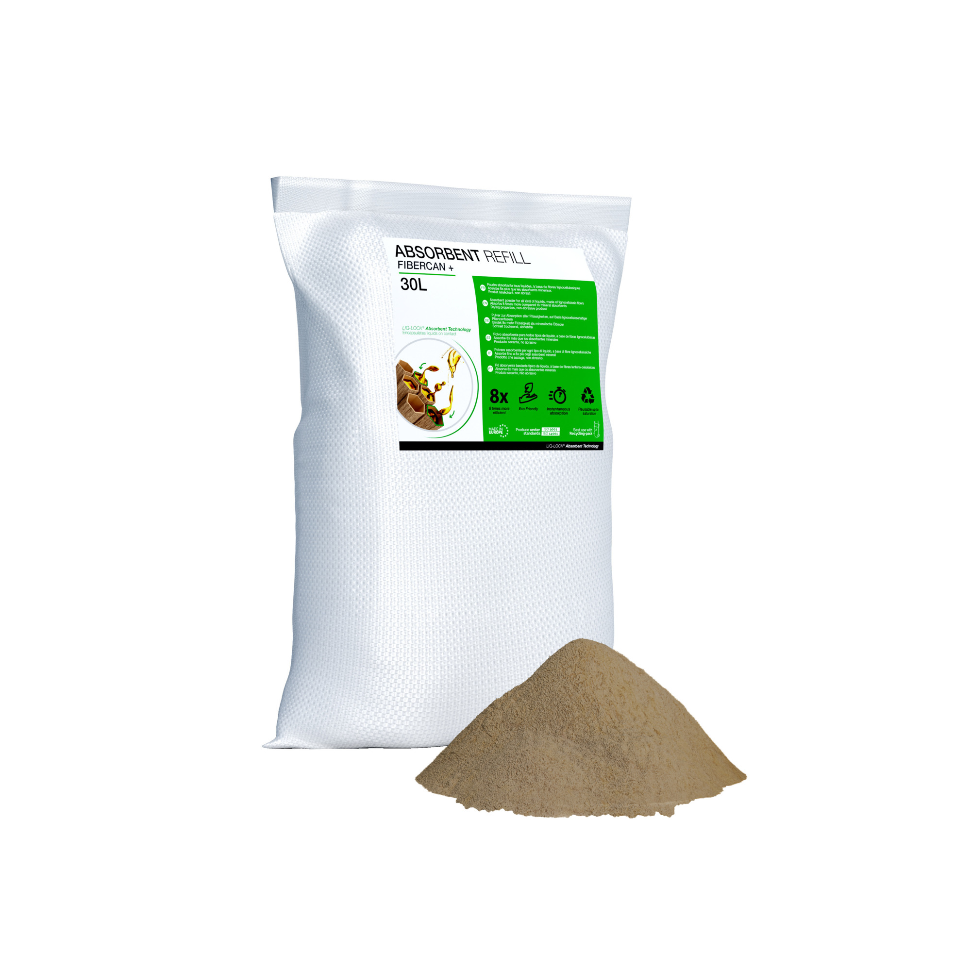 SRI Absorbent, 20L Bag — Fibercan+ Liq-Lock - Spill Containment Technology, Absorbs 8 times more than the traditionnal granules Model# PFCOPEAFIC-001