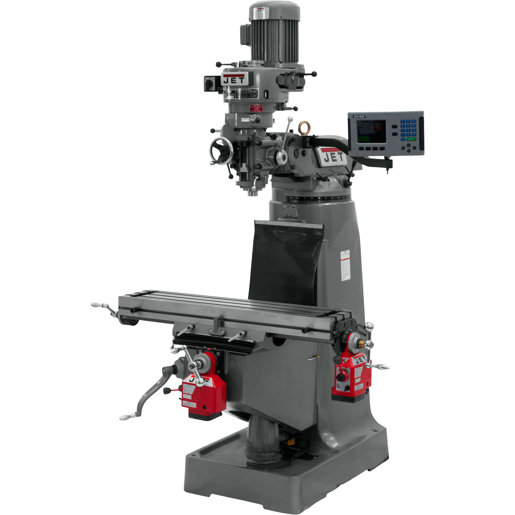 JET  Milling Machine with 3-Axis ACU-RITE 203 DRO and X and Y-Axis Powerfeeds-- 9in. x 42in., 115/230 Volt, Single-Phase, Model# JTM-2