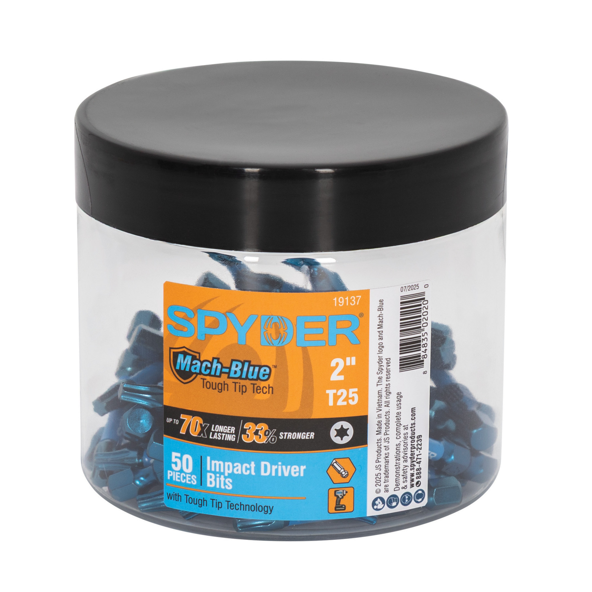 Spyder Impact Driver Bit Set — 2in., T25, 50 Pcs, Mach-Blue Tough Tip Technology, Model# 19137