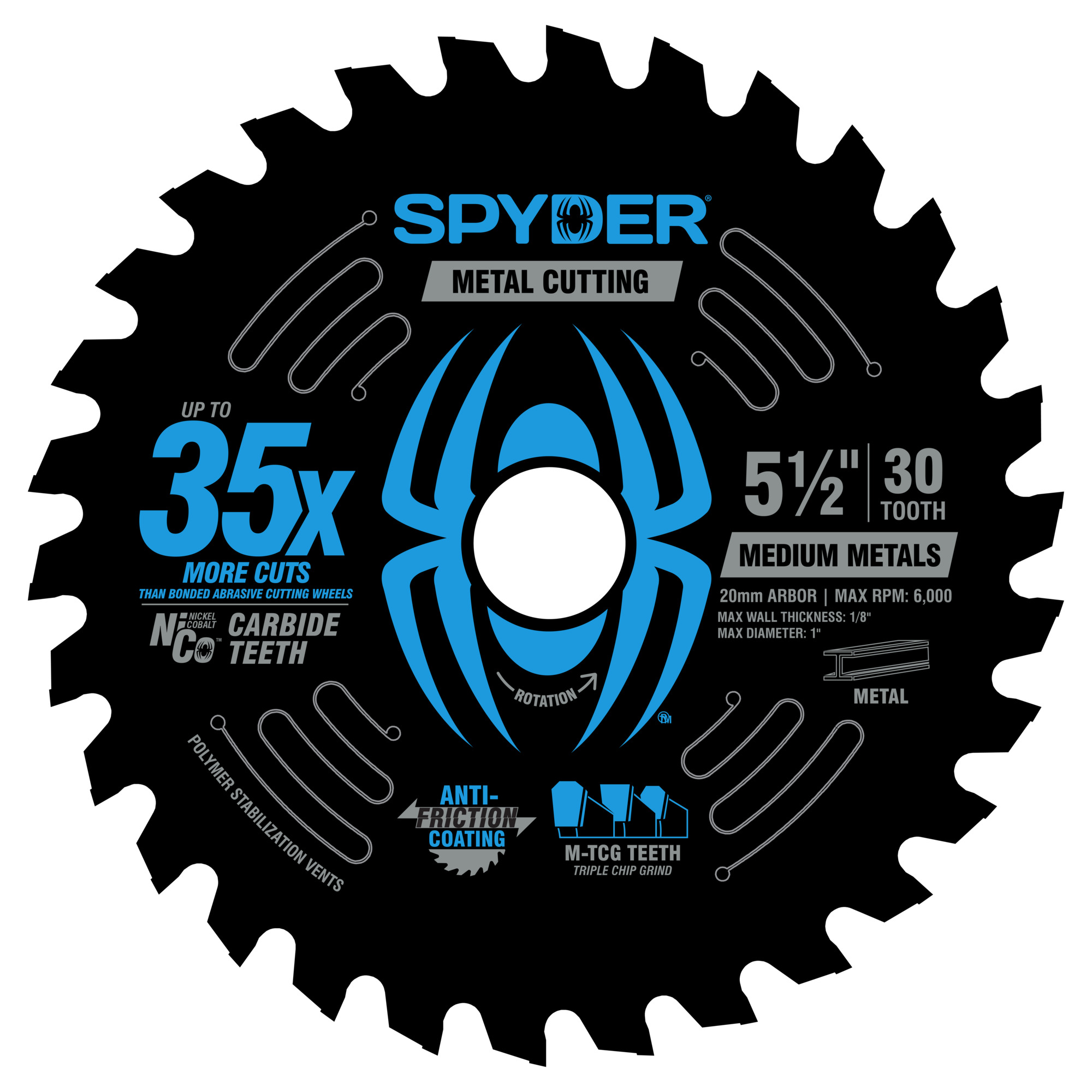 Spyder Saw Blade for Medium Metal — 5 1/2in. Dia., 30-Tooth, NiCo Carbide Teeth, M-TCG Design, Model# 13518