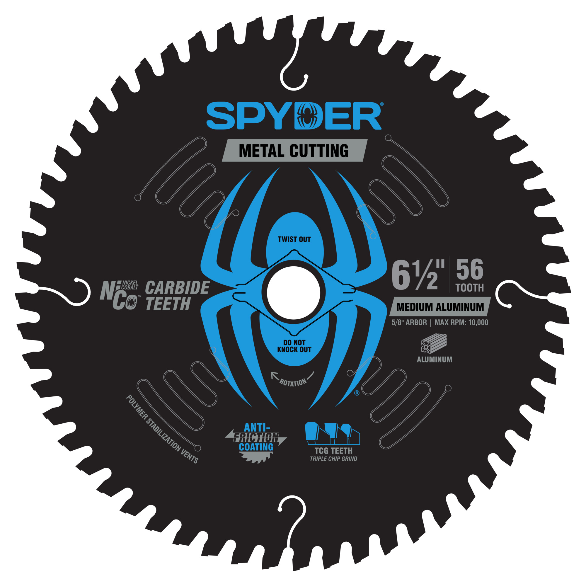 Spyder 6 1/2in. Circular Saw Blade — 56 Teeth, NiCo Carbide, TCG Tooth Design, Anti-Friction Coating, Aluminum Cutting, Model# 13516