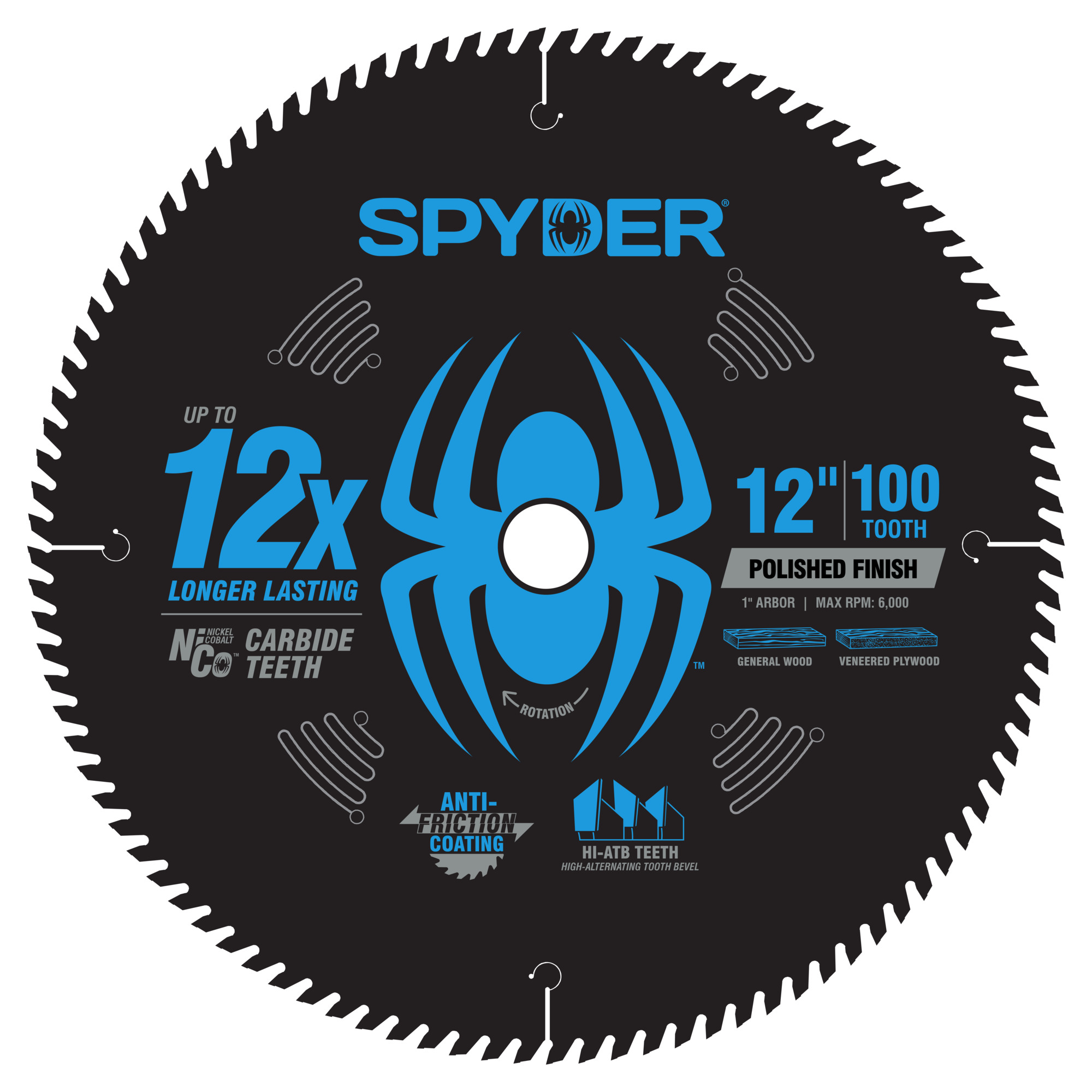 Spyder Saw Blade — 12in., 100-Tooth, Polished Finish, Wood and Veneer, Hi-ATB Teeth, NiCo Carbide, Model# 13108