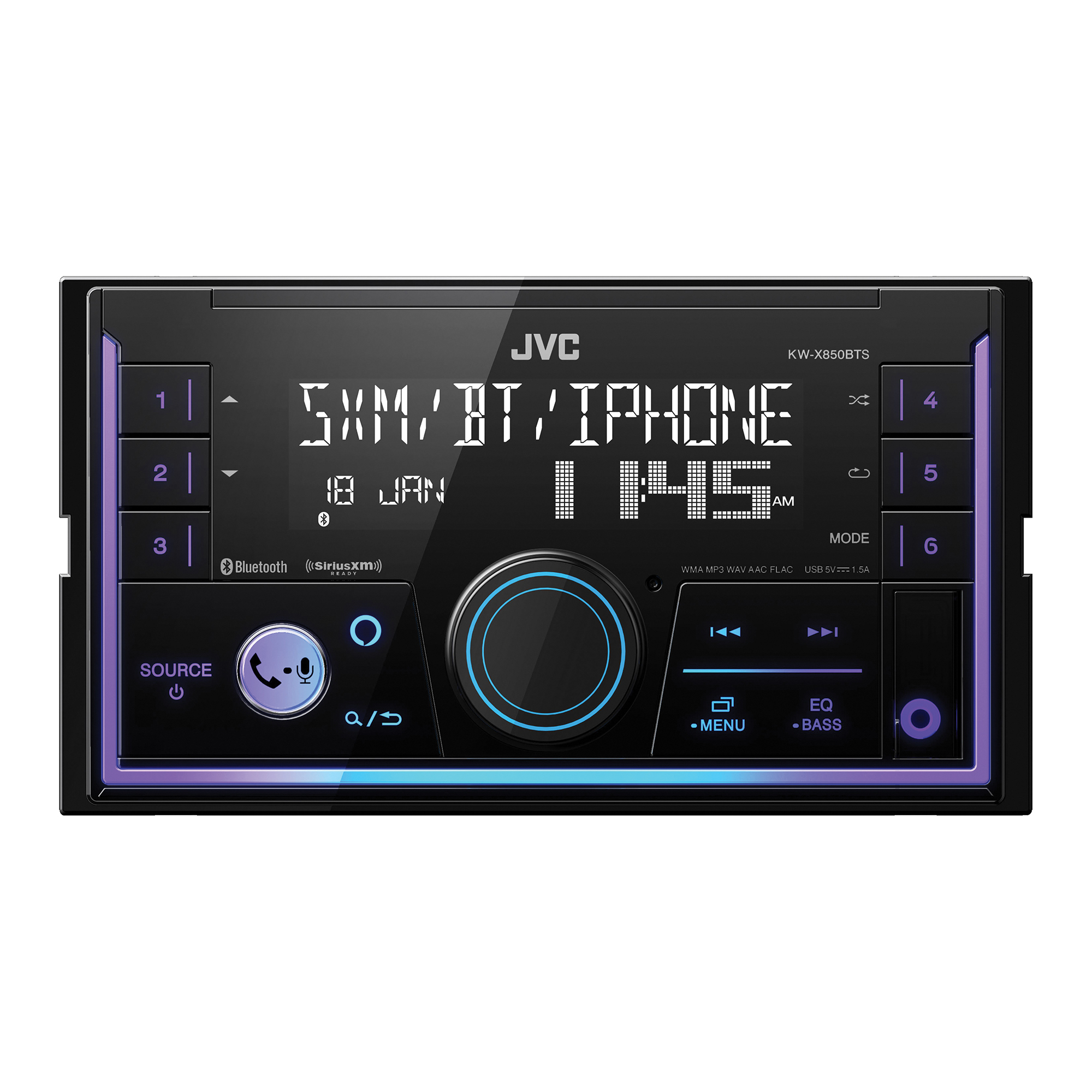 JVC Double-DIN Car In-Dash Digital Receiver — Bluetooth, Alexa, SiriusXM Ready, 2-Line VA LCD Display, Model# KW-X850BTS
