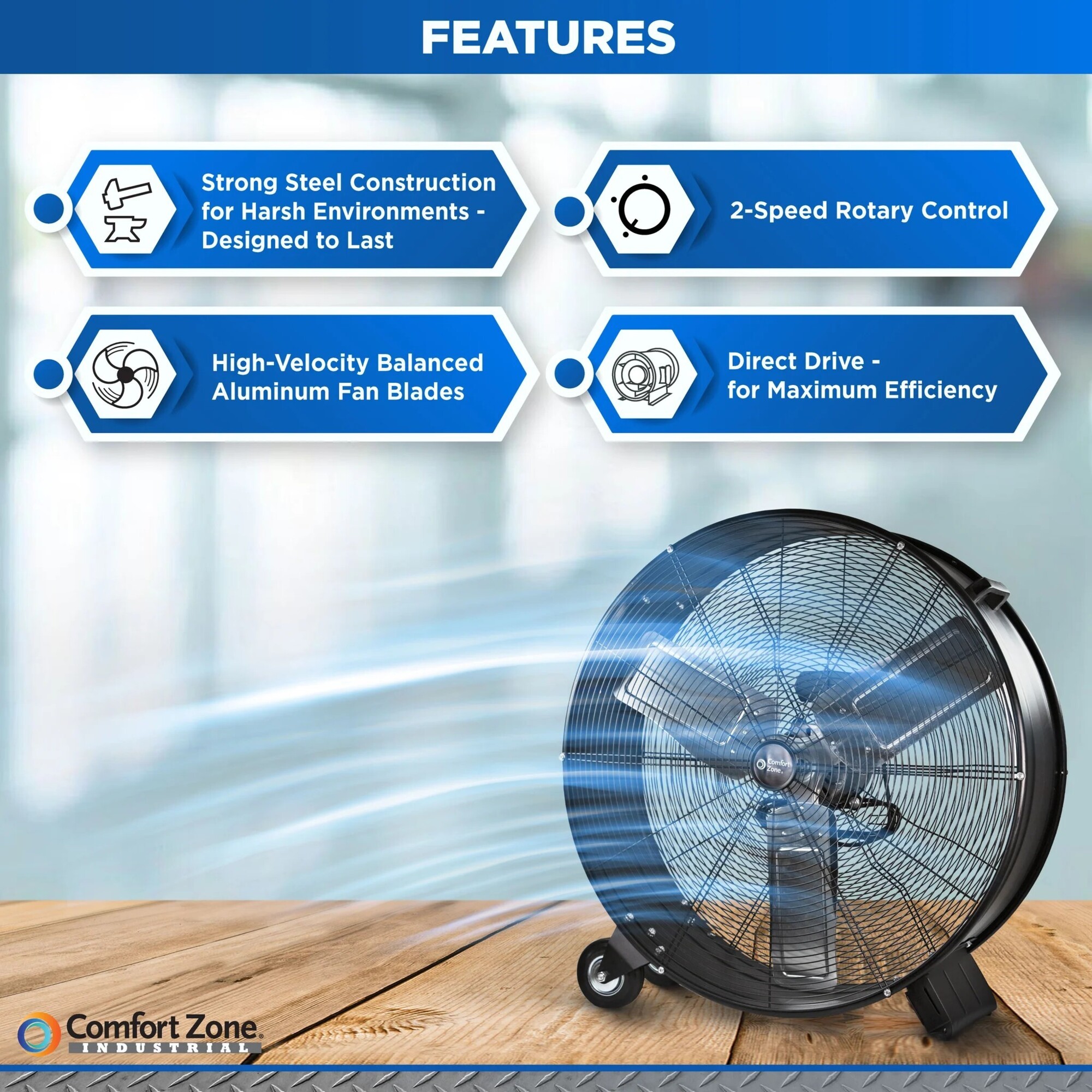 Comfort Zone 30in. High-Velocity Barrel Fan, 9300 CFM, 2 Speeds, Direct ...