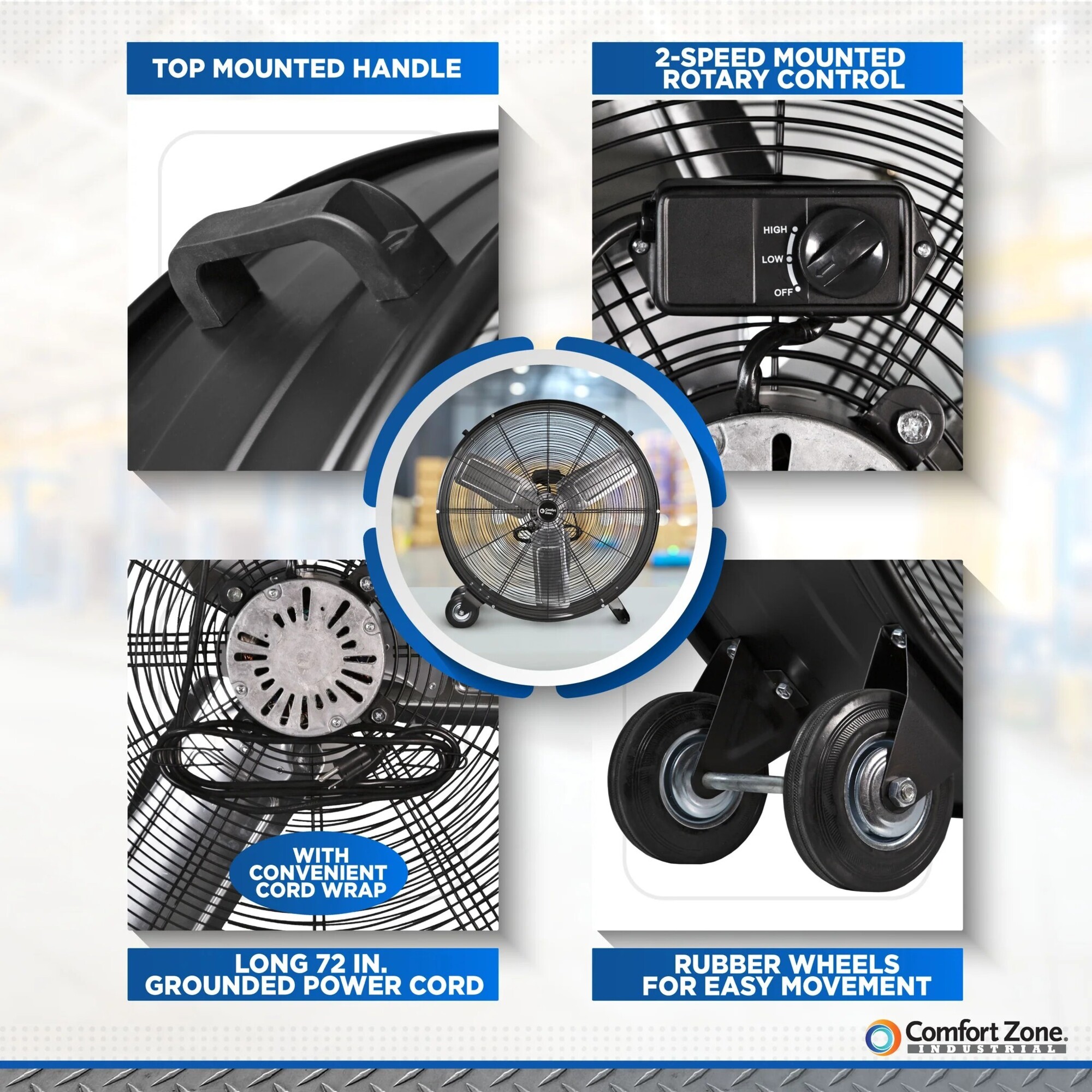 Comfort Zone 30in. High-Velocity Barrel Fan, 9300 CFM, 2 Speeds, Direct ...