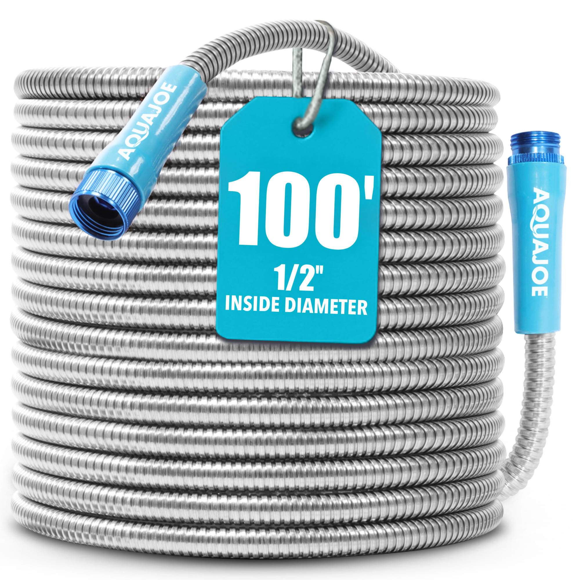 Aqua Joe Heavy-Duty Metal Garden Hose — 100ft., 304 Stainless Steel, 1/2in. Diameter, Spiral Constructed, Model# AJSGH100