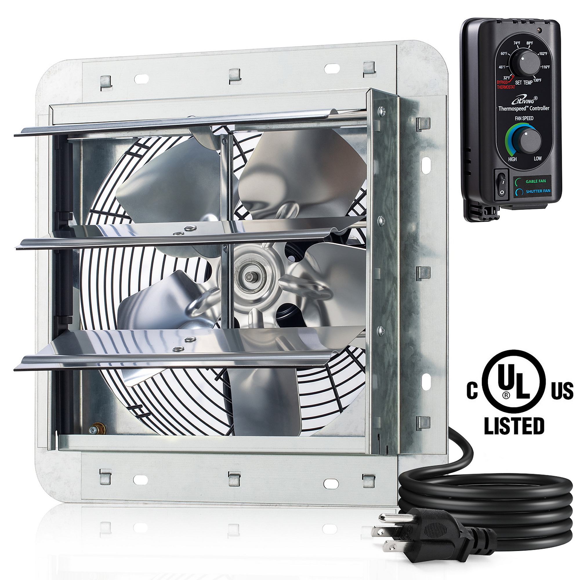 Dr. Infrared Heater iLiving Shutter Exhaust Fan — 10in., Thermospeed Controller, 820 CFM, 65W, Silver, Model# ILG8SF10V-ST