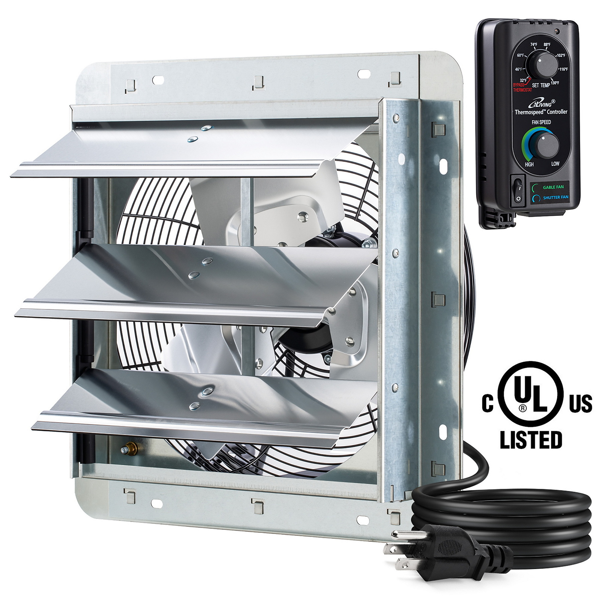 Dr. Infrared Heater iLiving Shutter Exhaust Fan — 12in., Thermospeed Controller, 960 CFM, 65W, Silver, Model# ILG8SF12V-ST