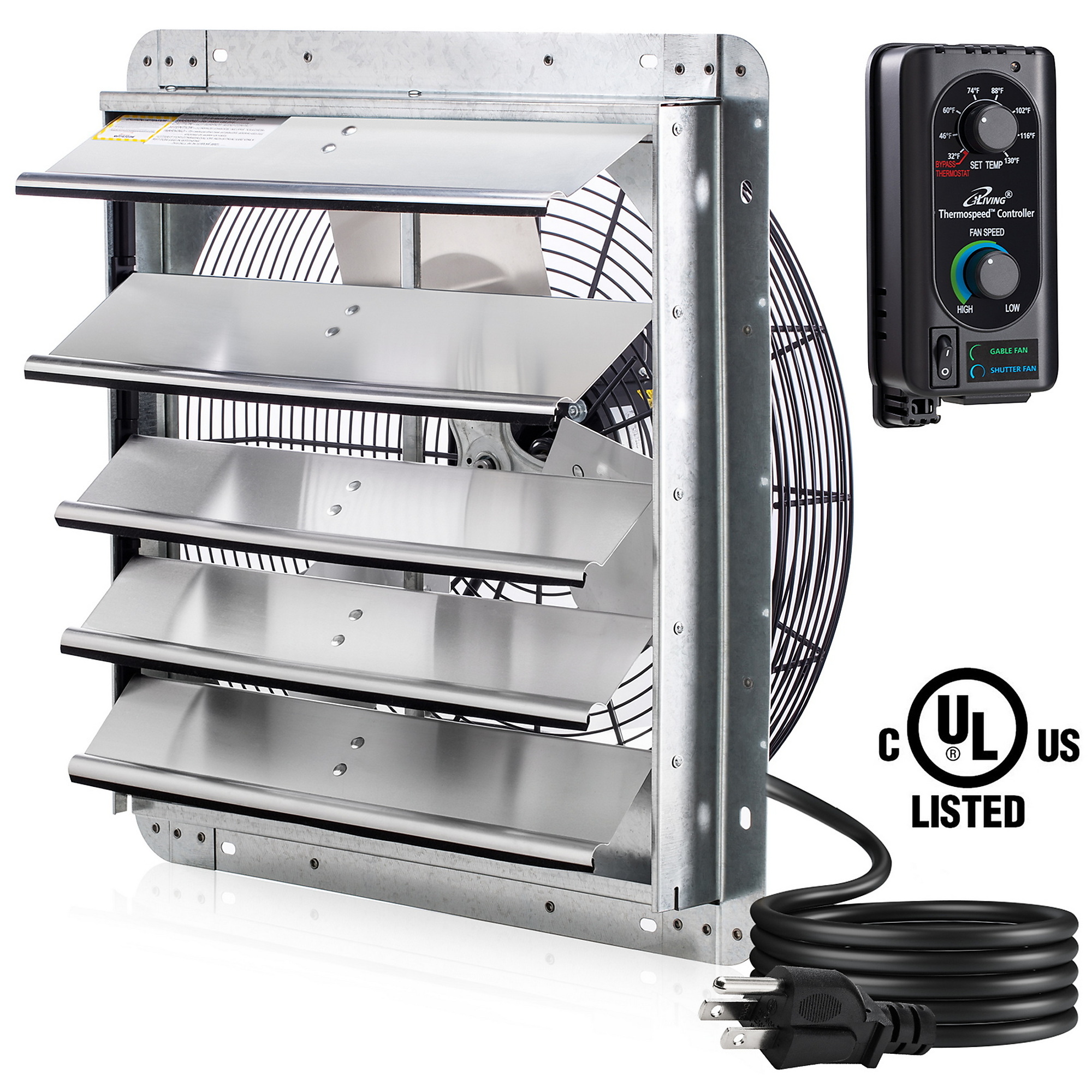 Dr. Infrared Heater iLiving Wall Mounted Shutter Exhaust Fan — 18in., Automatic Shutter, Thermostat, Variable Speed Controller, 1736 CFM, Silver, Model# ILG8SF18V-ST
