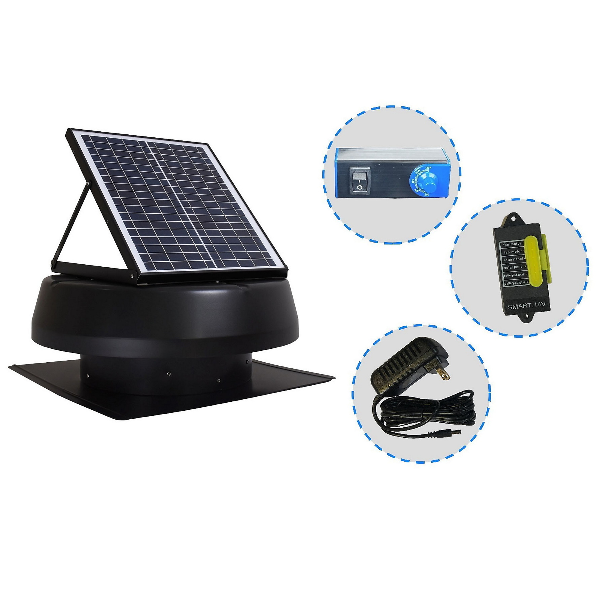 Dr. Infrared Heater iLiving Hybrid Smart Solar Roof Attic Exhaust Fan — 14in., 40W Solar Panel, 2000 Sq. Ft. Capacity, IP68 Waterproof, Black, Model# HYBRID