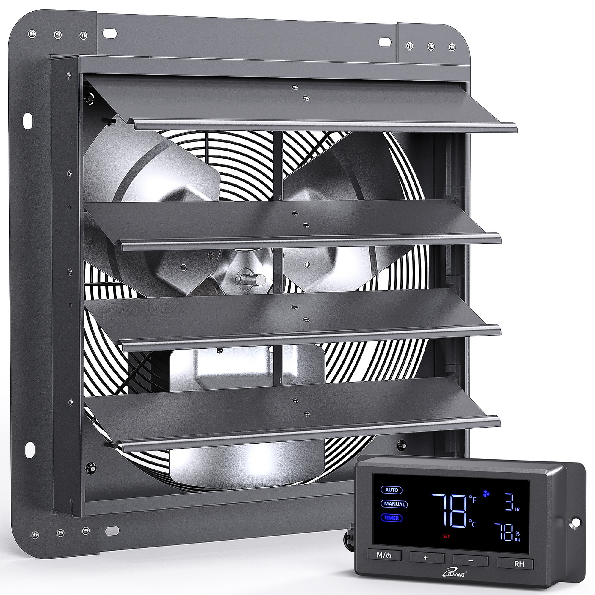 Dr. Infrared Heater iLIVING Wall Mounted Shutter Exhaust Fan — 14in., Automatic Shutter, Temperature and Humidity Controls, Variable Speed, 1200 CFM, 1600 RPM DC Motor, Model# ILG8SF14V-DC