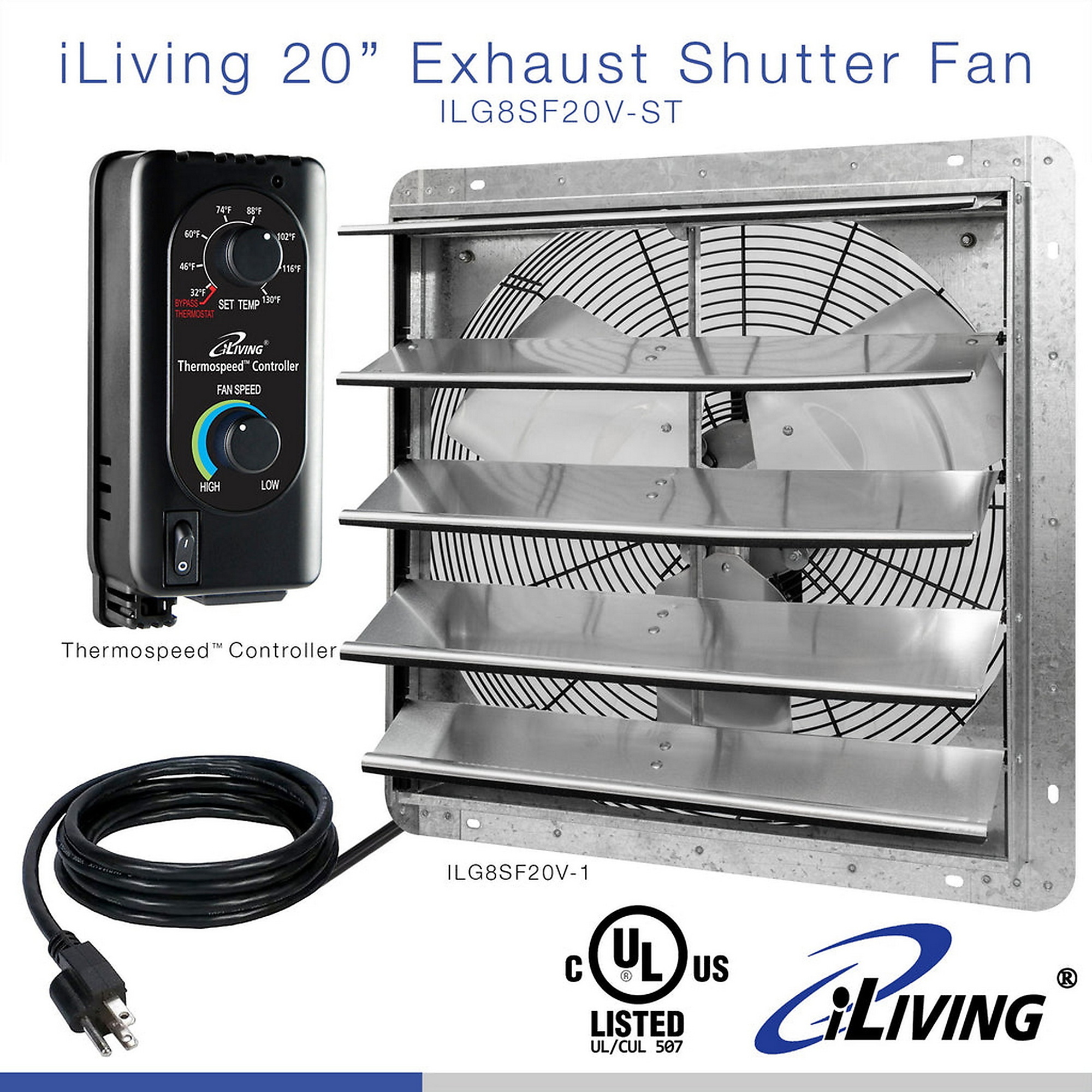 Dr. Infrared Heater iLiving Wall Mounted Shutter Exhaust Fan — 20in., Thermostat, Variable Speed Controller, 3368 CFM, Silver, Model# ILG8SF20V-ST