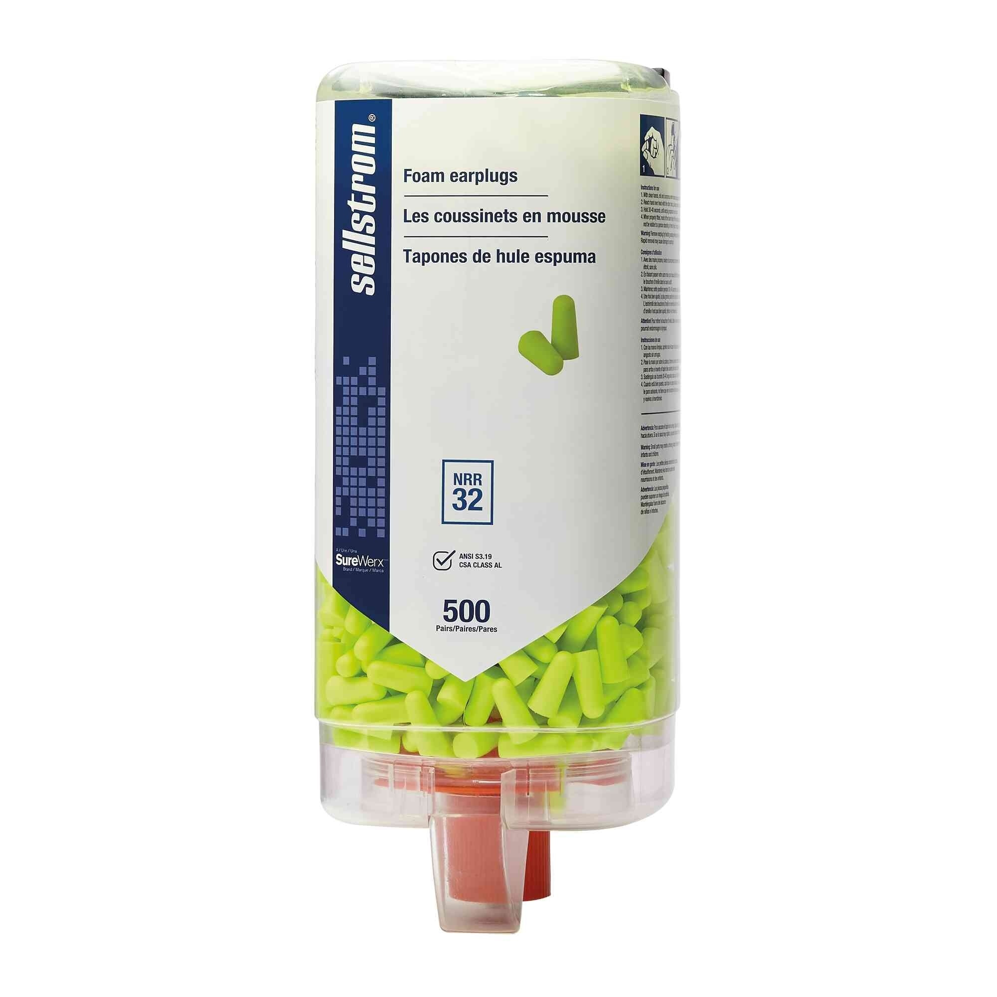 Sellstrom® - Earplugs - Disposable - Foam Bullet Shape - Uncorded - NRR 32 - Hi-Viz Green - 500 Pair Wall Dispenser - Model # S23413