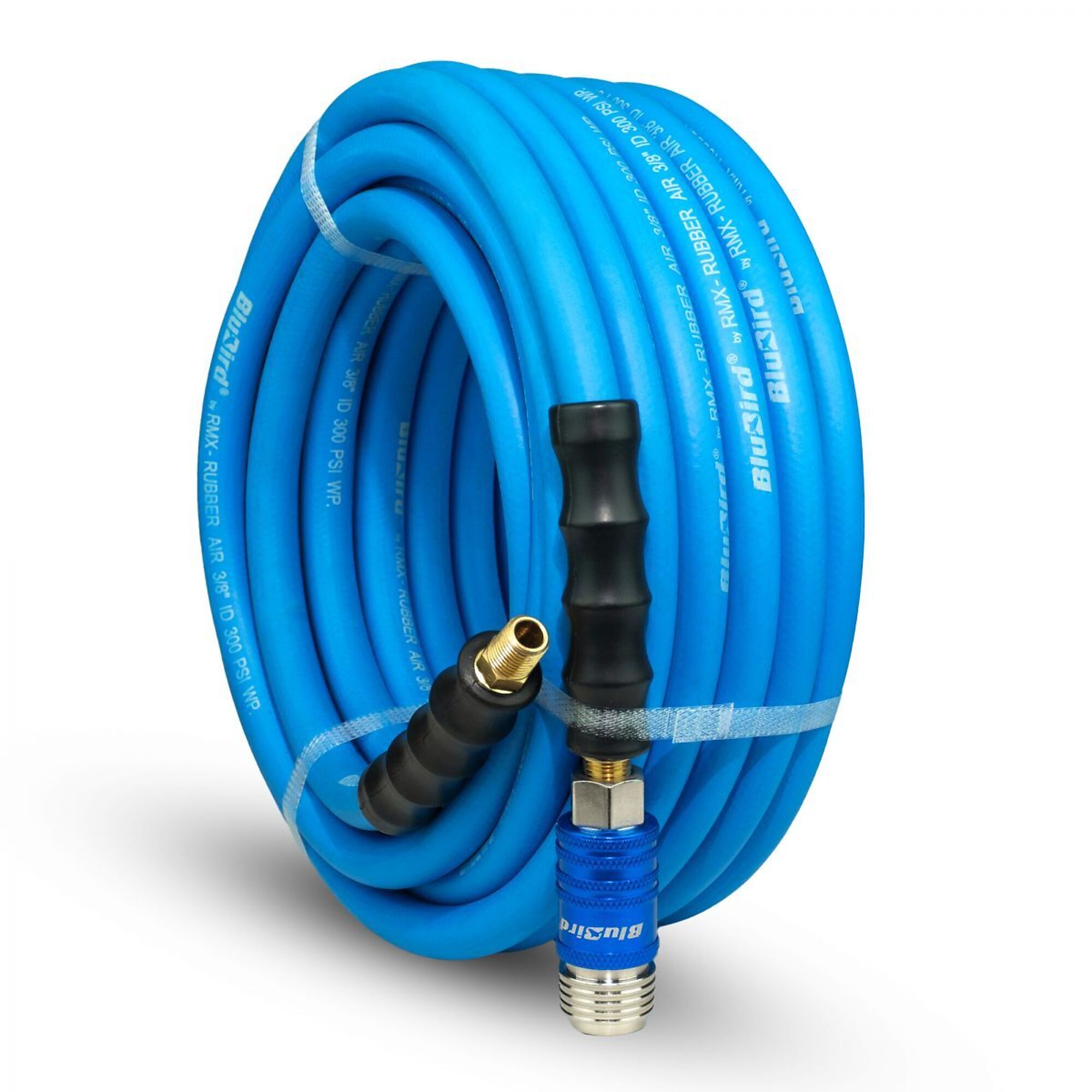 BluBird Rubber Air Hose 3/8" X 50'- 3/8" Male-NPT, 300 PSI, EPDM with Universal 1 Coupler 5 in -  BB3850-5CP