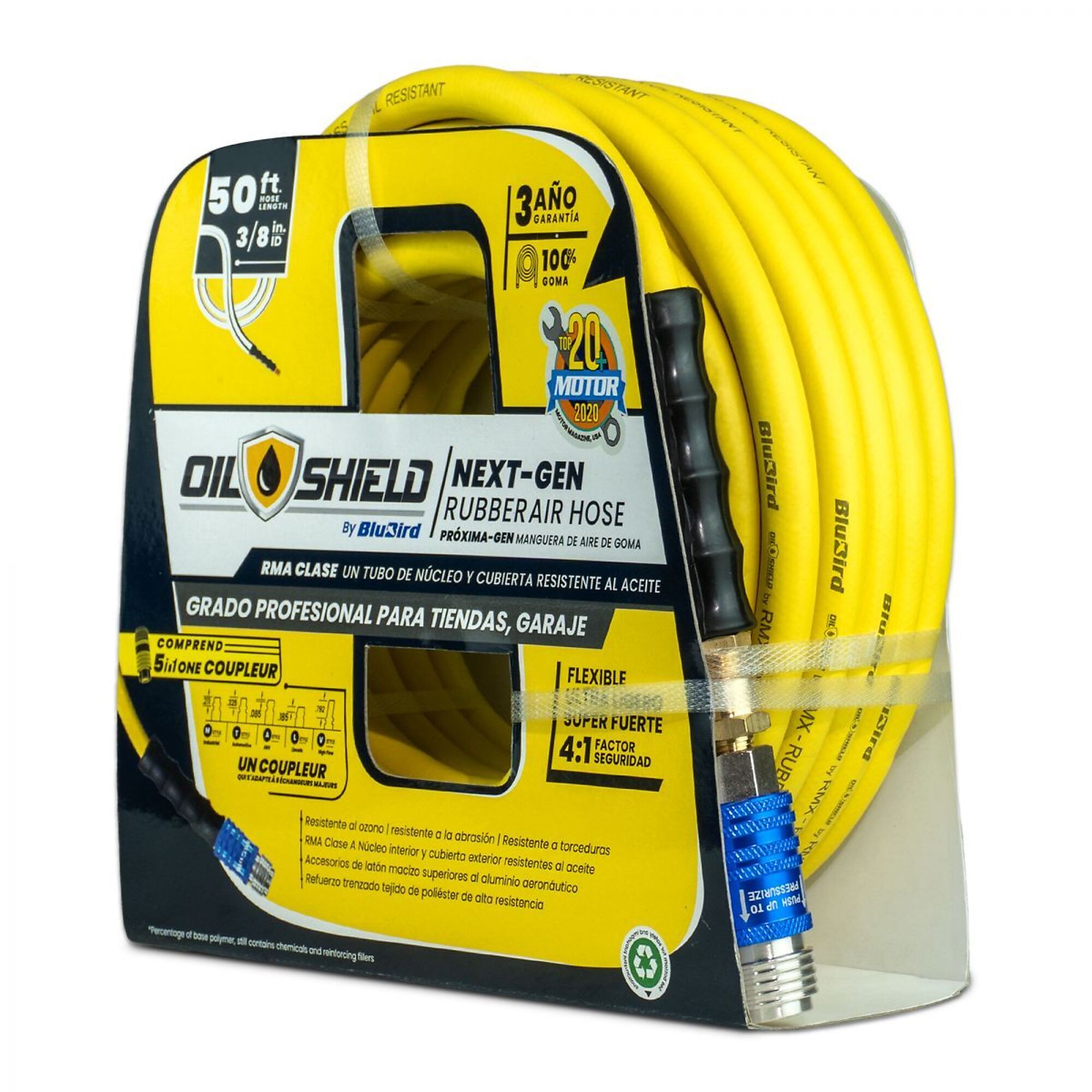 OilShield Rubber Air Hose 3/8" X 50' - 3/8" Male-NPT, 300 PSI, Nitrile Class A with Universal 1 coupler 5 in -  OS3850-5CP
