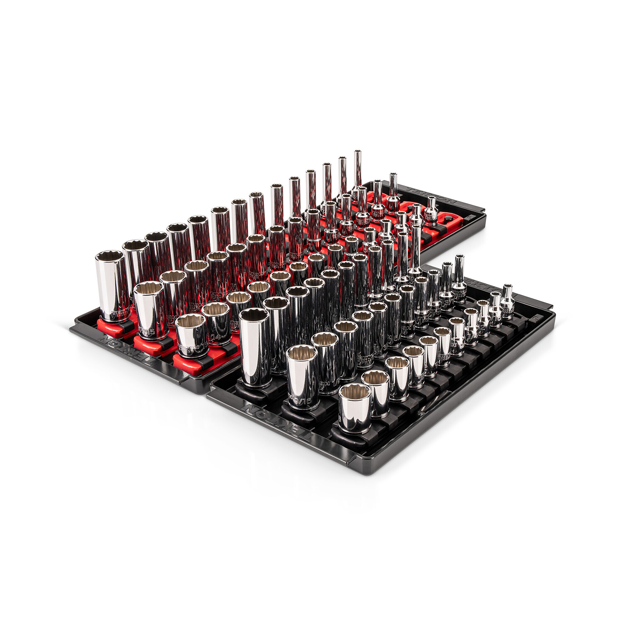TEKTON 1/4 Inch Drive Shallow, Semi-Deep, and Deep 12-Point Socket Set with Rails and Trays, 75-Piece (5/32 - 9/16 in., 4 - 15 mm) | SHD90219