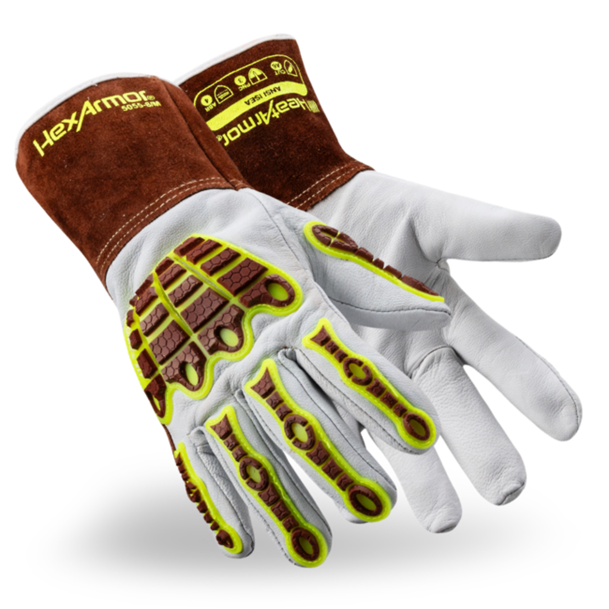 HeatArmor® MIG/TIG Welding Gloves, 5055, MIG Welding, Goatskin Leather, Large, Brown/White/Yellow, Gauntlet Cuff