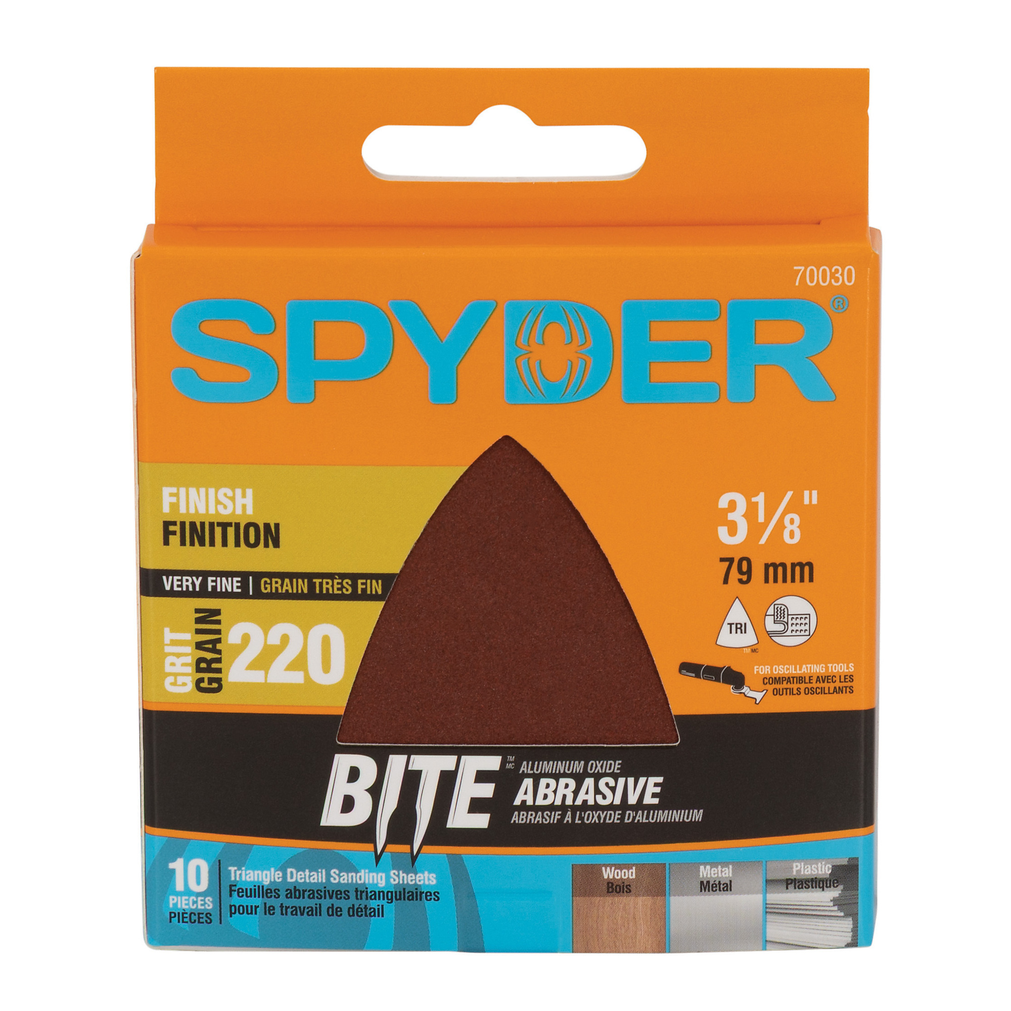 SPYDER 3-1/8-Inch 220-Grit Aluminum Oxide Triangle Detail Sanding Sheets (10-Pack) 70030
