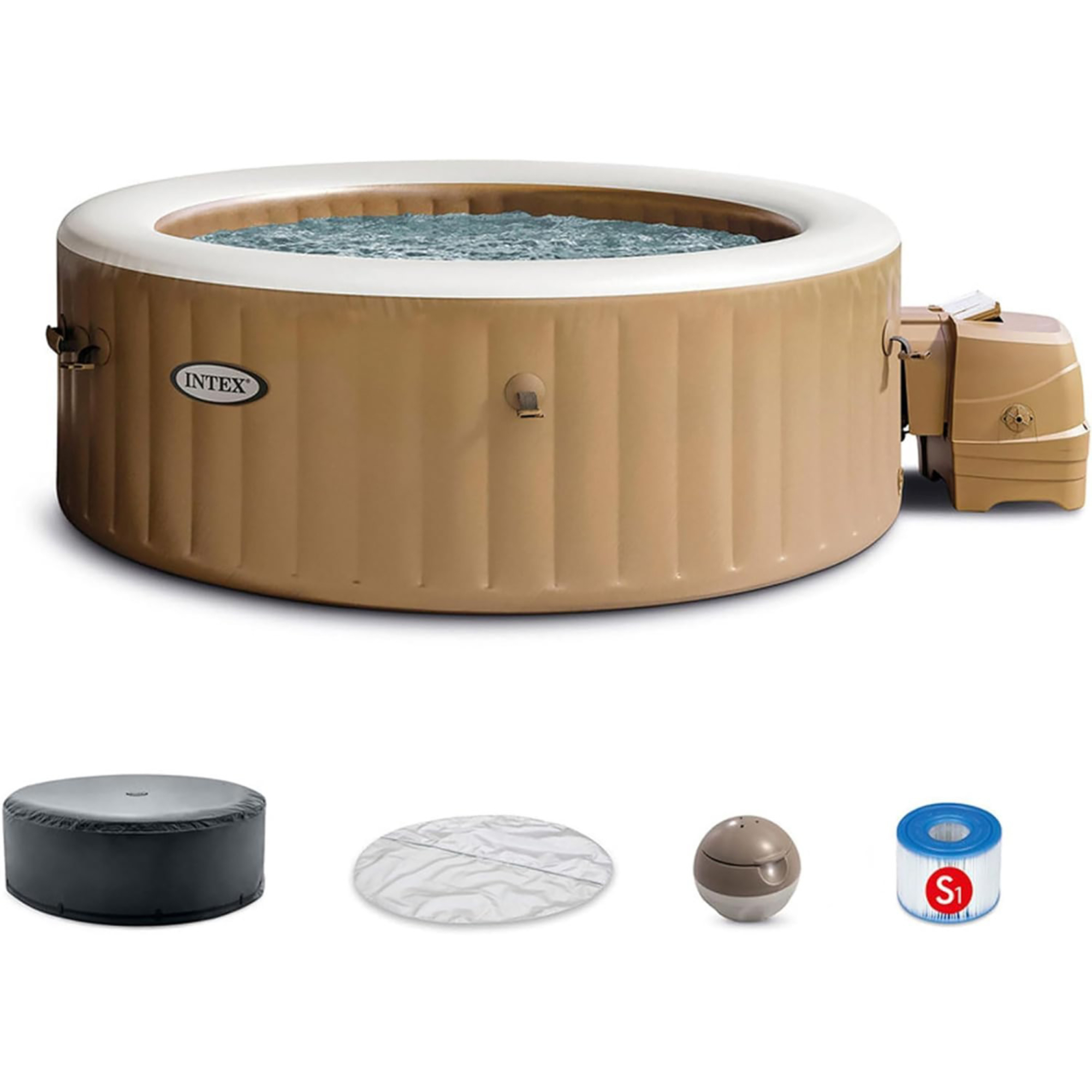 Intex PureSpa Sahara Tan Inflatable Hot Tub Set 6 Person 85Inch Round Outdoor Heated Bubble Spa