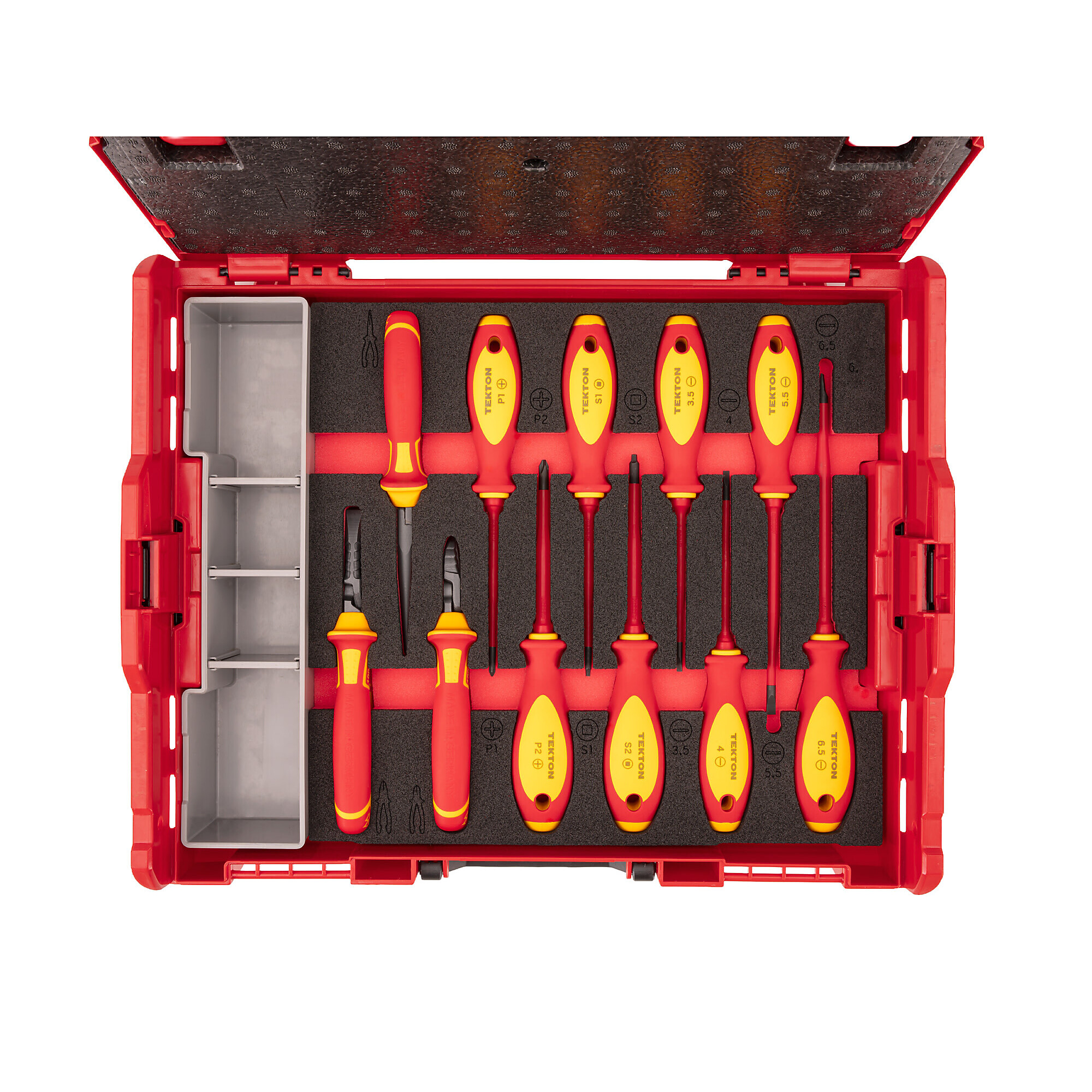 TEKTON Insulated Drivers and Pliers Set with Stacking Tool Box and Organizer Bin, 11-Piece (Combination, Long Nose, Diagonal Cutting) | OLB91901