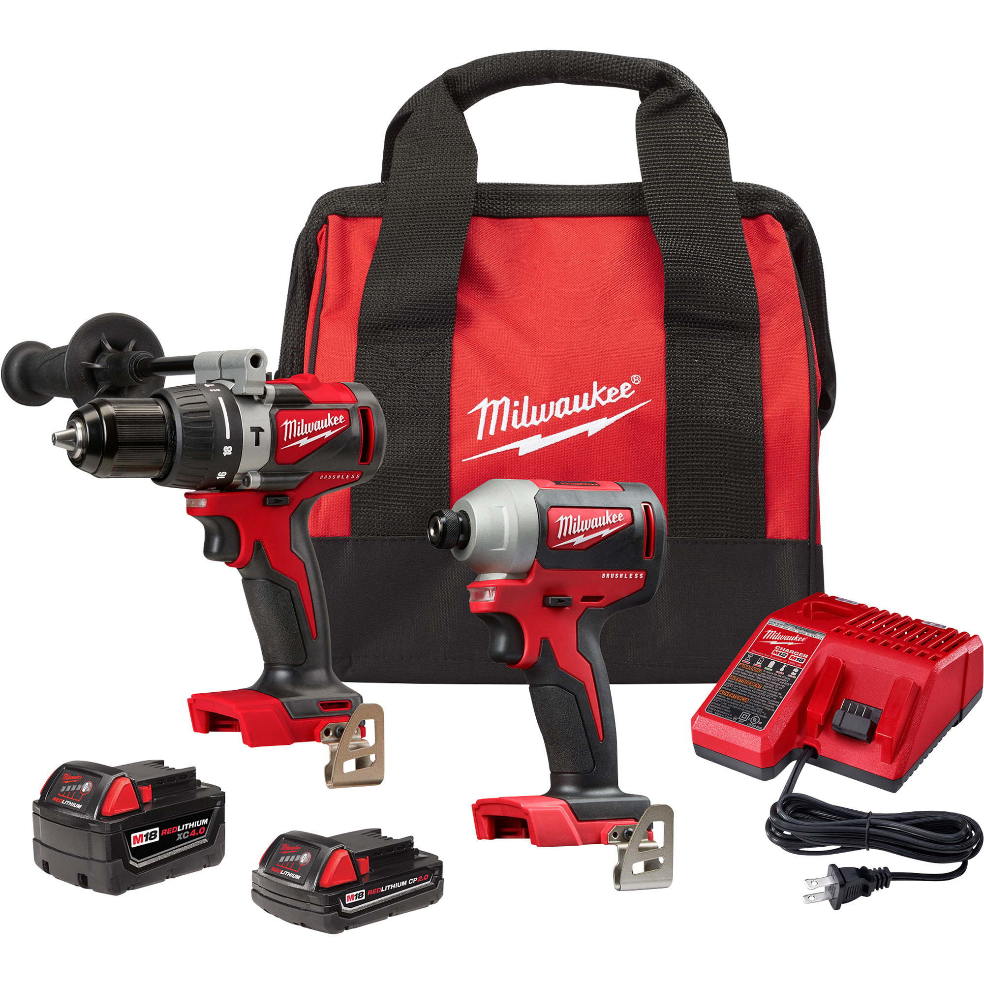 Milwaukee M18 Cordless 2-Tool Combo Kit — 1/2in. Brushless Hammer Drill/Driver  and 1/4in. Hex Compact Brushless Impact Driver, Batteries, Model#  2893-22CX Northern Tool