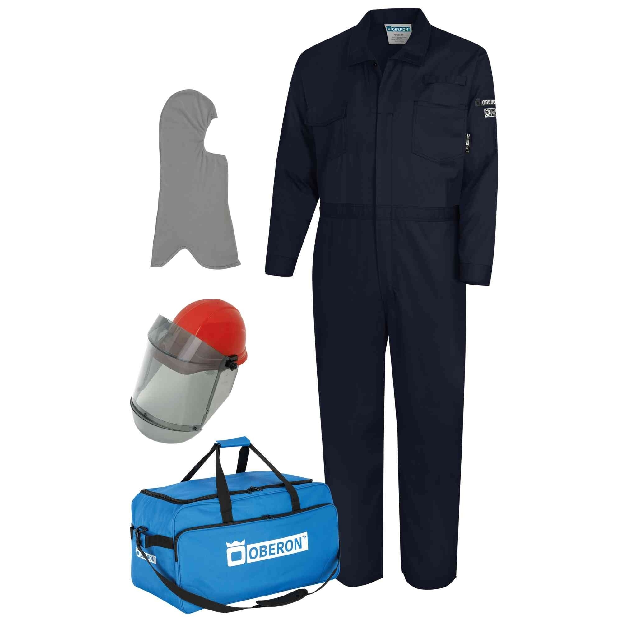 OBERON™ - Bag Kit - Arc Flash - 8 Cal HRC2™ - Comes With Coveralls, Hard Cap, Face Shield, Balaclava & Storage Bucket - Color: Navy Blue - Size: Large - Model # HRC2-CKE-NB-L