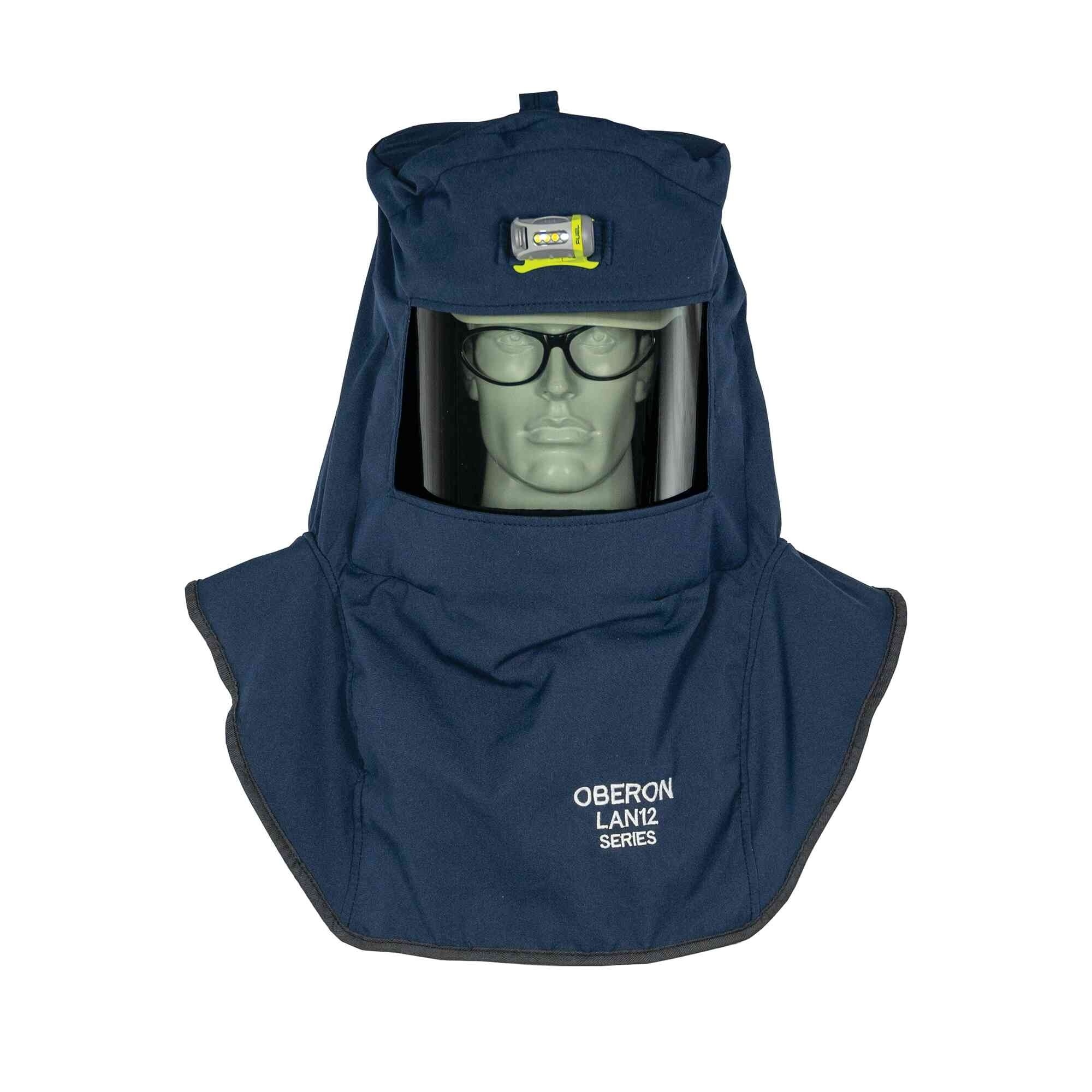 OBERON™ - Hood with Hard Cap - Arc Flash - 12 Cal LAN2ST™ Series - With Fresh Air Arc Flash Hood Ventilation System & Light - Color: Navy Blue - Window: True Color Grey (TCG™) - Model # LAN2ST-C+HVSL