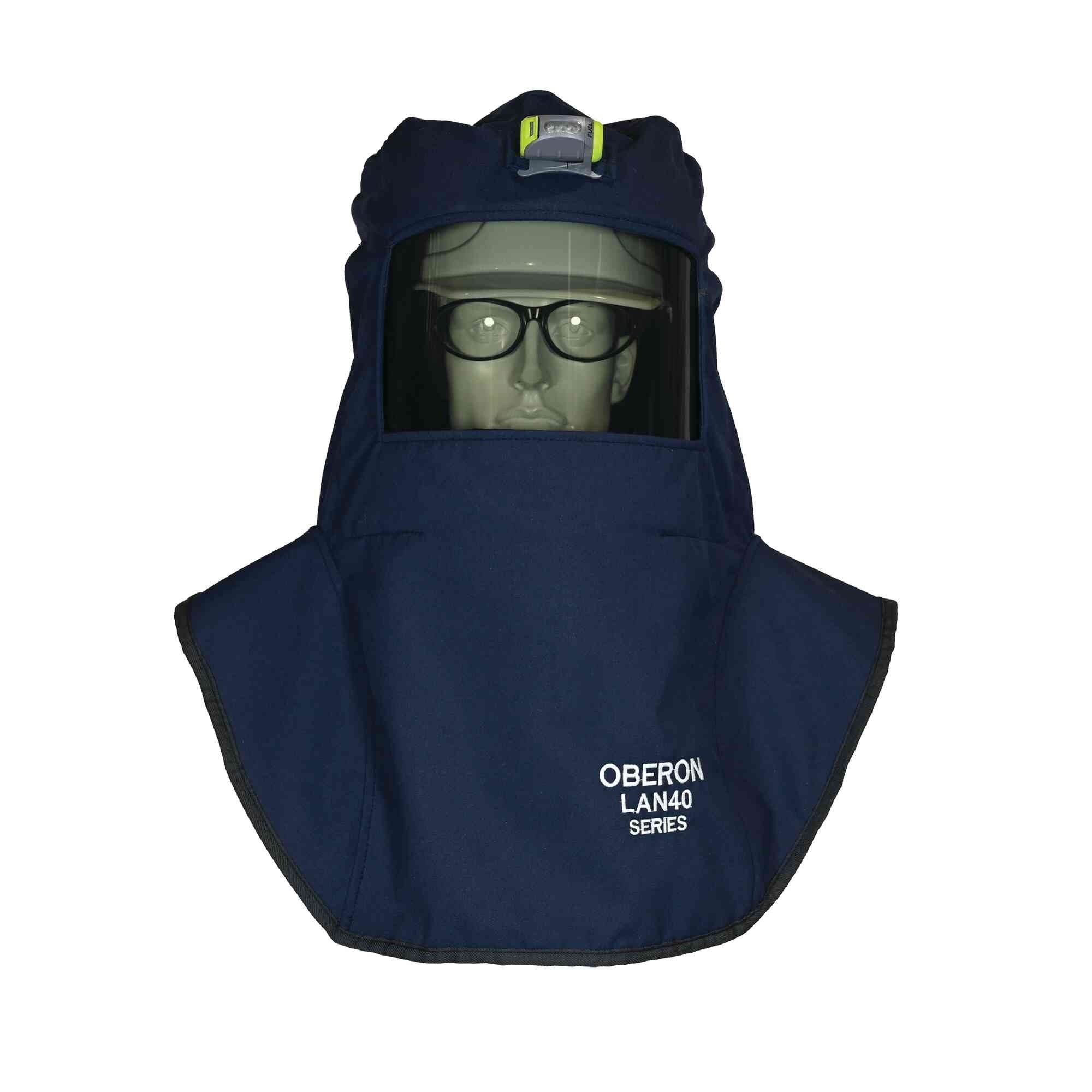 OBERON™ - Hood with Hard Cap - Arc Flash - 40 Cal LAN™ - With Fresh Air Arc Flash Hood Ventilation System - Color: Navy Blue - Window: True Color Grey (TCG™) - Model # LAN4-C+HVS