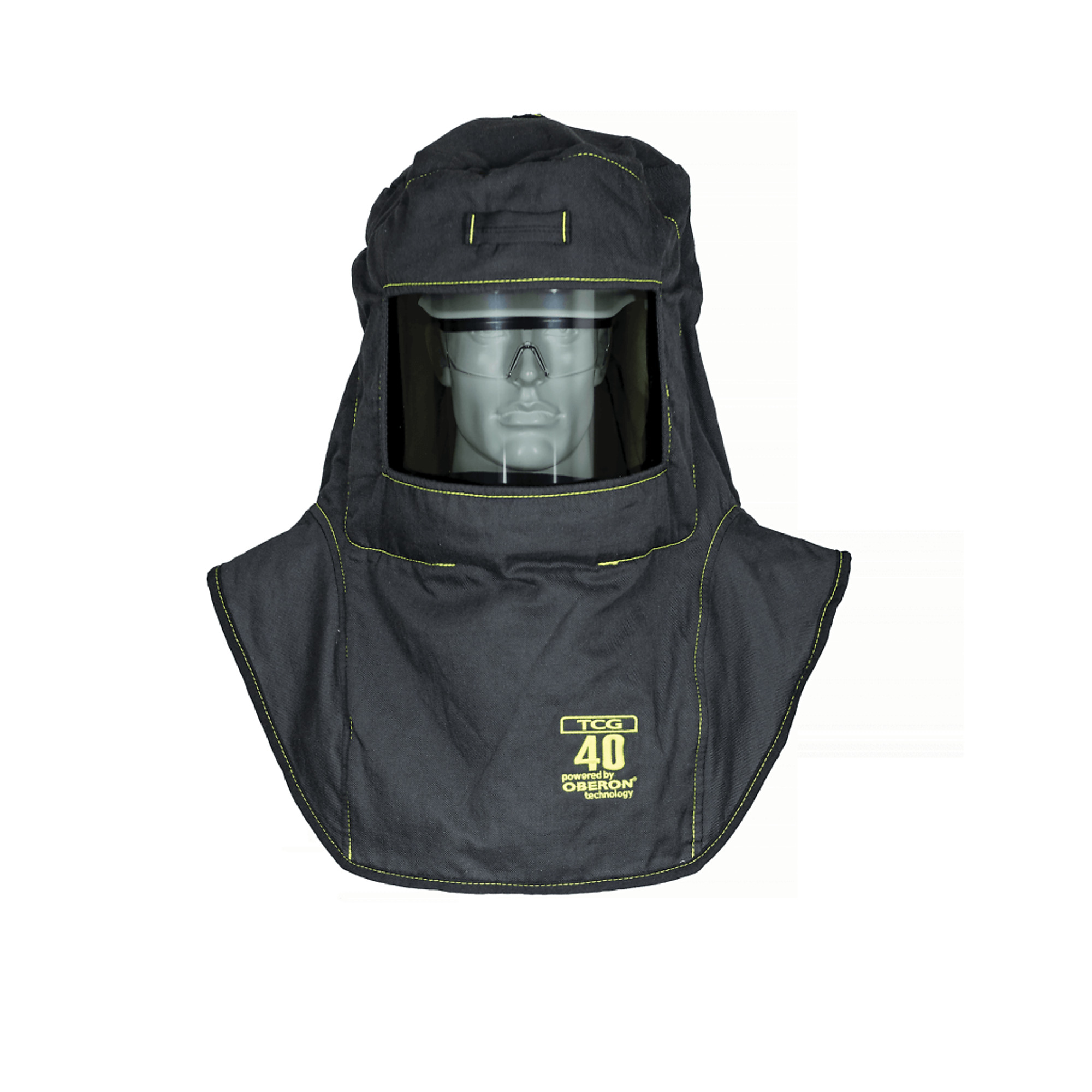 OBERON™ - Hood with A4 Hard Hat Adapters - Arc Flash - 40 Cal TCG™ - With Fresh Air Arc Flash Hood Ventilation System - Color: Black - Window: True Color Grey (TCG™) - Model # TCG40-A4+HVS