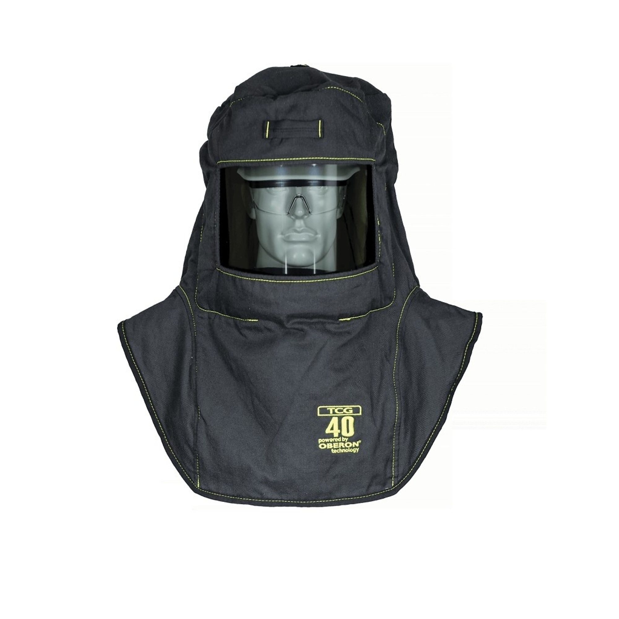 OBERON™ - Hood with A5 Hard Hat Adapters - Arc Flash - 40 Cal TCG™ - With Fresh Air Arc Flash Hood Ventilation System & Light - Color: Black - Window: True Color Grey (TCG™) - Model # TCG40-A5+HVSL