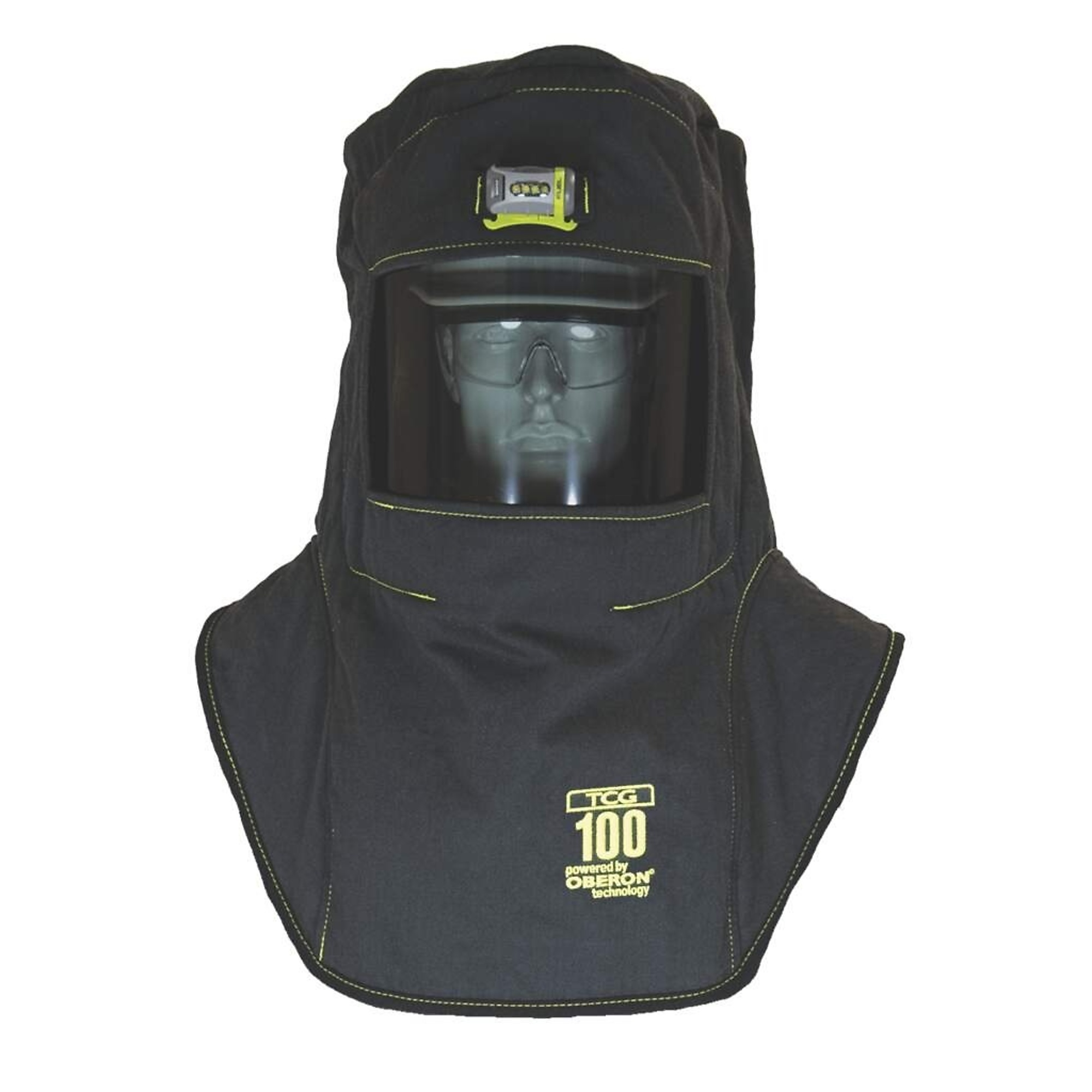 OBERON™ - Hood with Hard Cap - Arc Flash - 100 Cal TCG™ - With Fresh Air Arc Flash Hood Ventilation System & Light - Canadian - Color: Black - Window: True Color Grey (TCG™) - Model # TCG100-CC+H