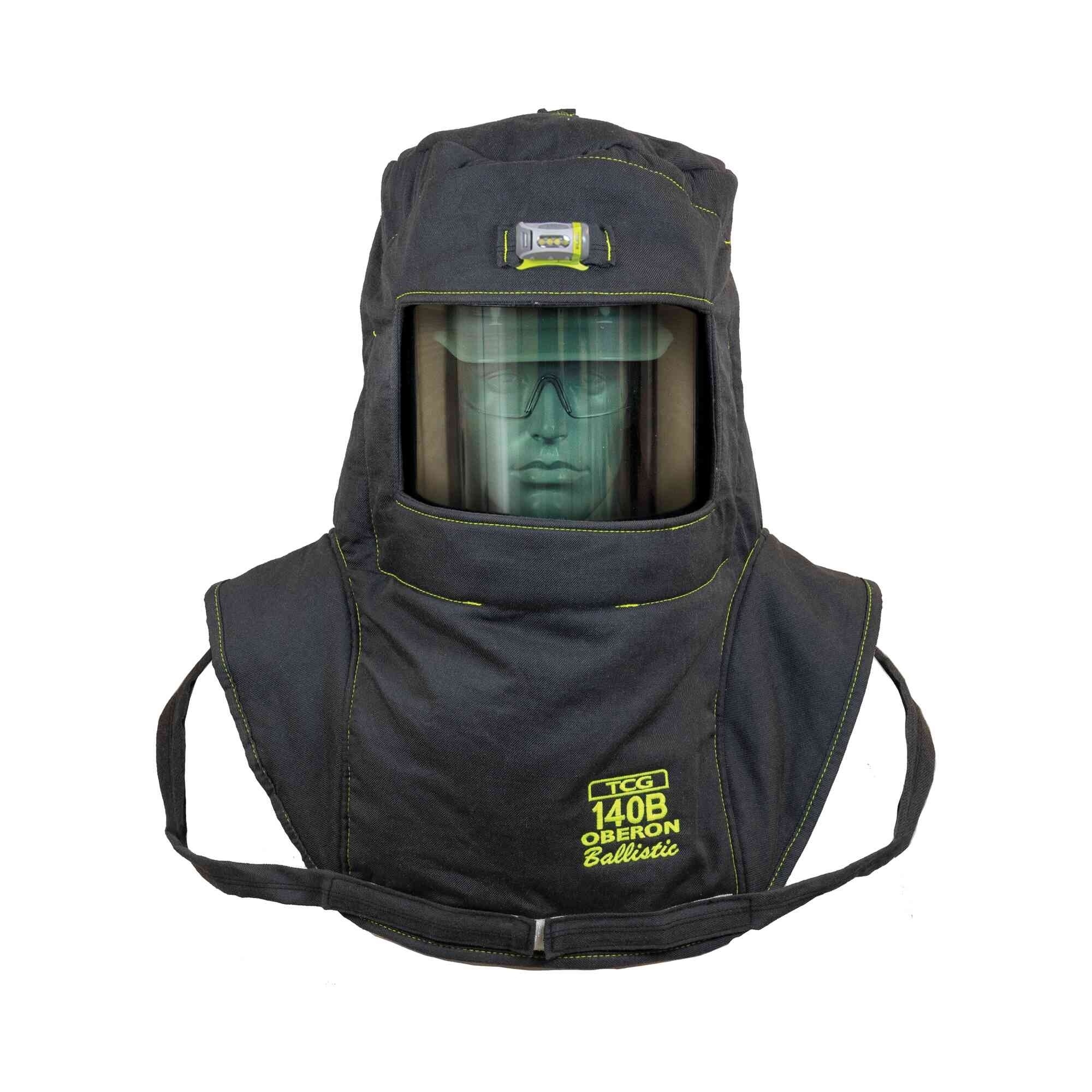 OBERON™ - Hood with Hard Cap - Arc Flash - 140 Cal TCG™ - With Fresh Air Arc Flash Hood Ventilation System & Light - Color: Black - Window: True Color Grey (TCG™) - Model # TCG140B-C+HVSL