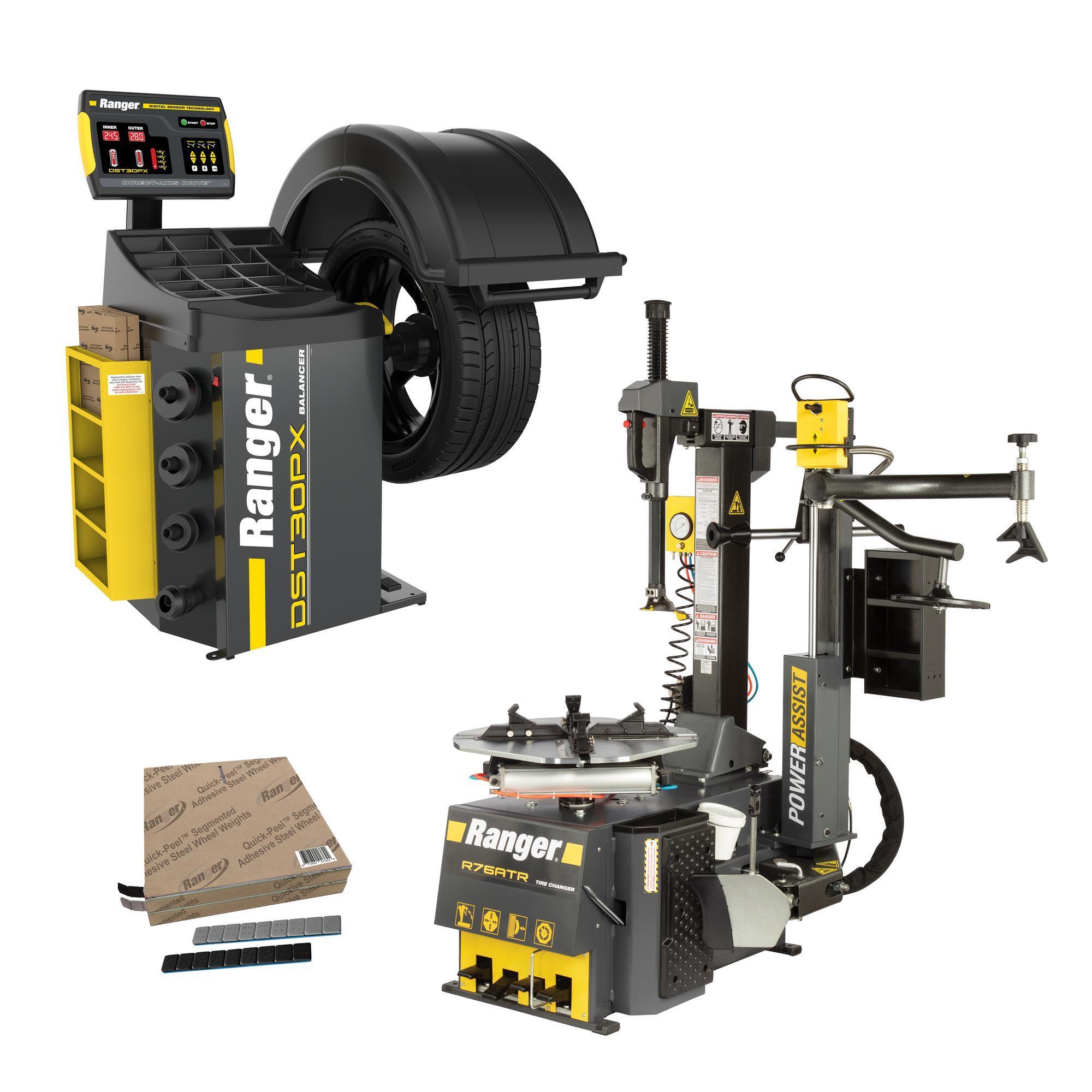 Ranger, R76ATR+DST30PX-220V +Tape Weight Roll Kit 1400pc, Tilt Back Tire Changer Right-Tower Single Assist 30" Capacity & Wheel Balancer / 40 mm Shaft