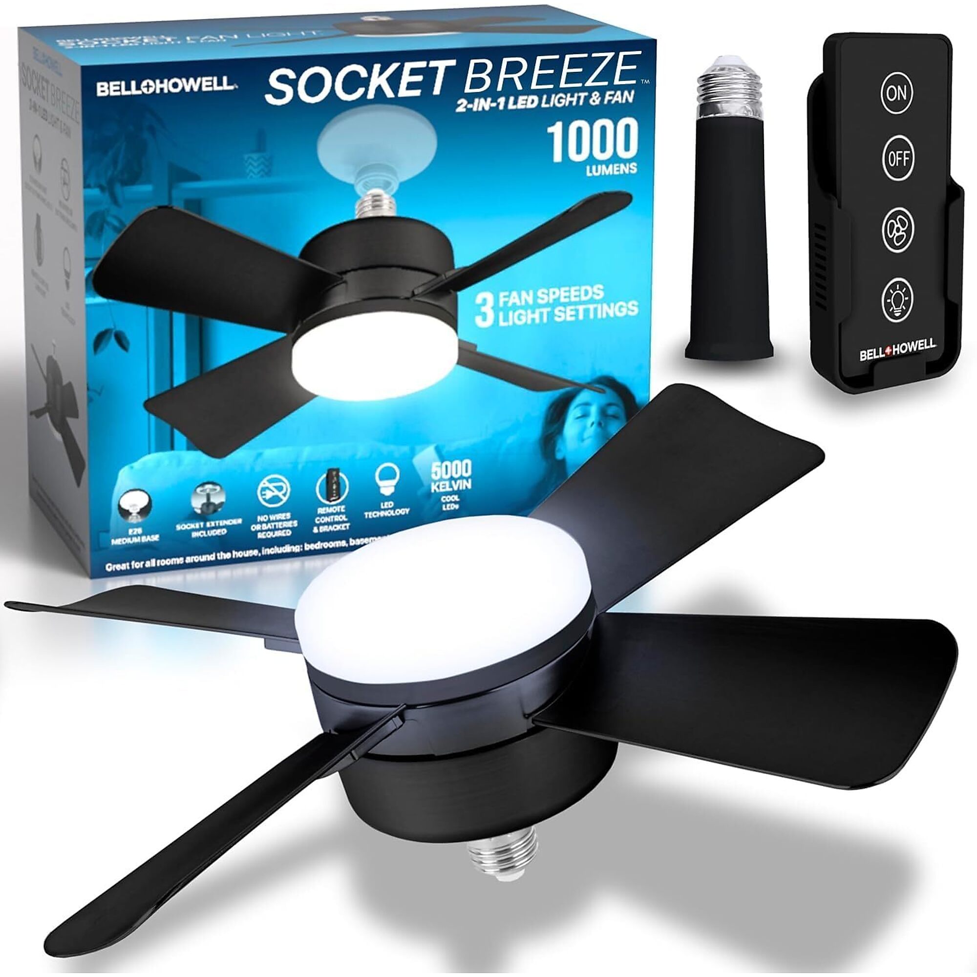 Bell + Howell Socket Breeze Deluxe Socket Fan Light with Remote, Adjustable Speeds and Brightness, Cool 5000K LED, 1000 Lumens, Black, 2299