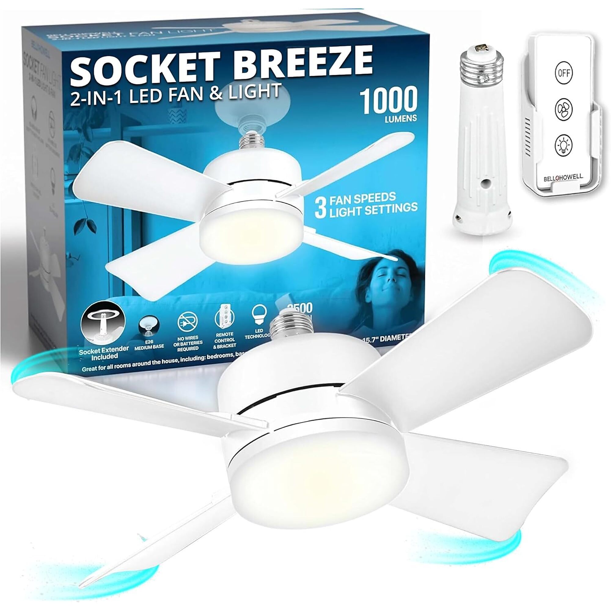 Bell + Howell Socket Breeze Socket Fan Light with Remote, 3 Fan Speeds, 3 Light Settings, 3500K Warm LED, 1000 Lumens, White, 9965