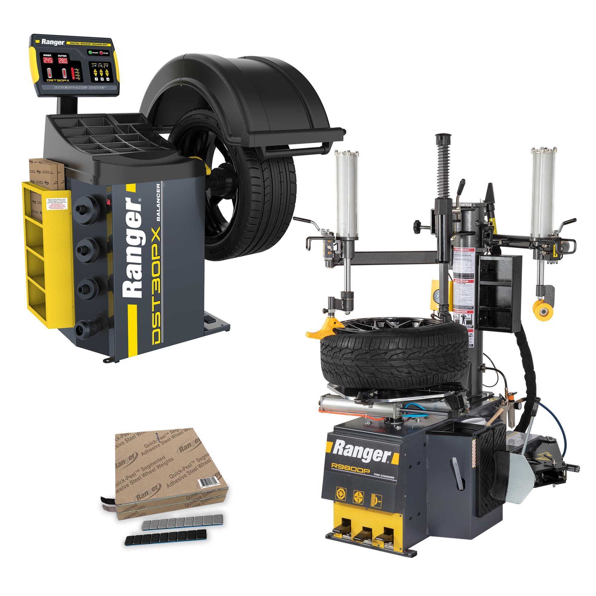 Ranger, R980DP+DST30PX-220V +Tape Weight Roll Kit 1400pc, Swing Arm Tire Changer Dual-Tower Assist 30" Capacity & Wheel Balancer / 40 mm Shaft