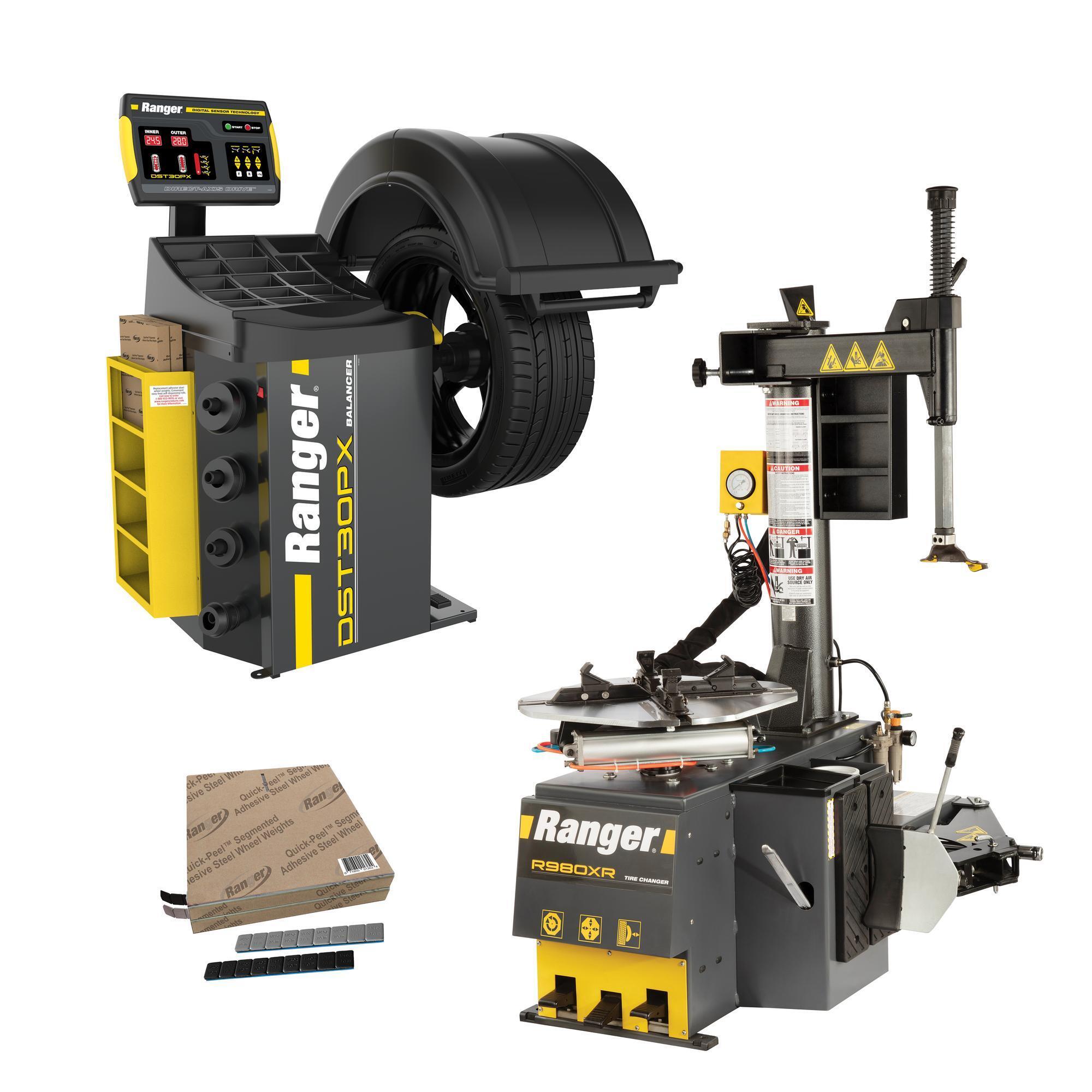 Ranger, R980XR-L +DST30PX-110V +Tape Weight Roll Kit 1400pc, Swing Arm Tire Changer 30" Capacity & Wheel Balancer / 40 mm Shaft