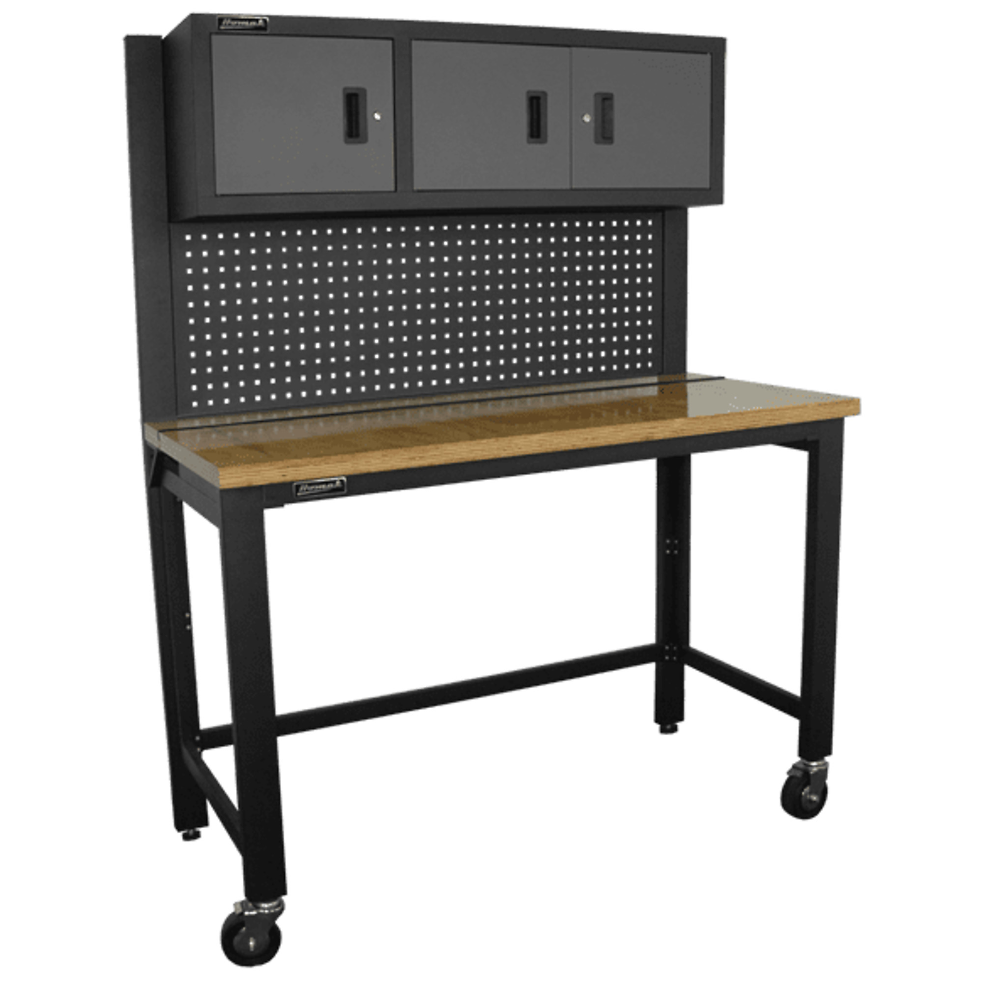 Homak, Garage Series (Geneva), 59" Collapsible Wood Top Workbench W/3 Door Cabinet, Black & Silver, Heavy-duty 19-gauge steel, Model #  GS00659131