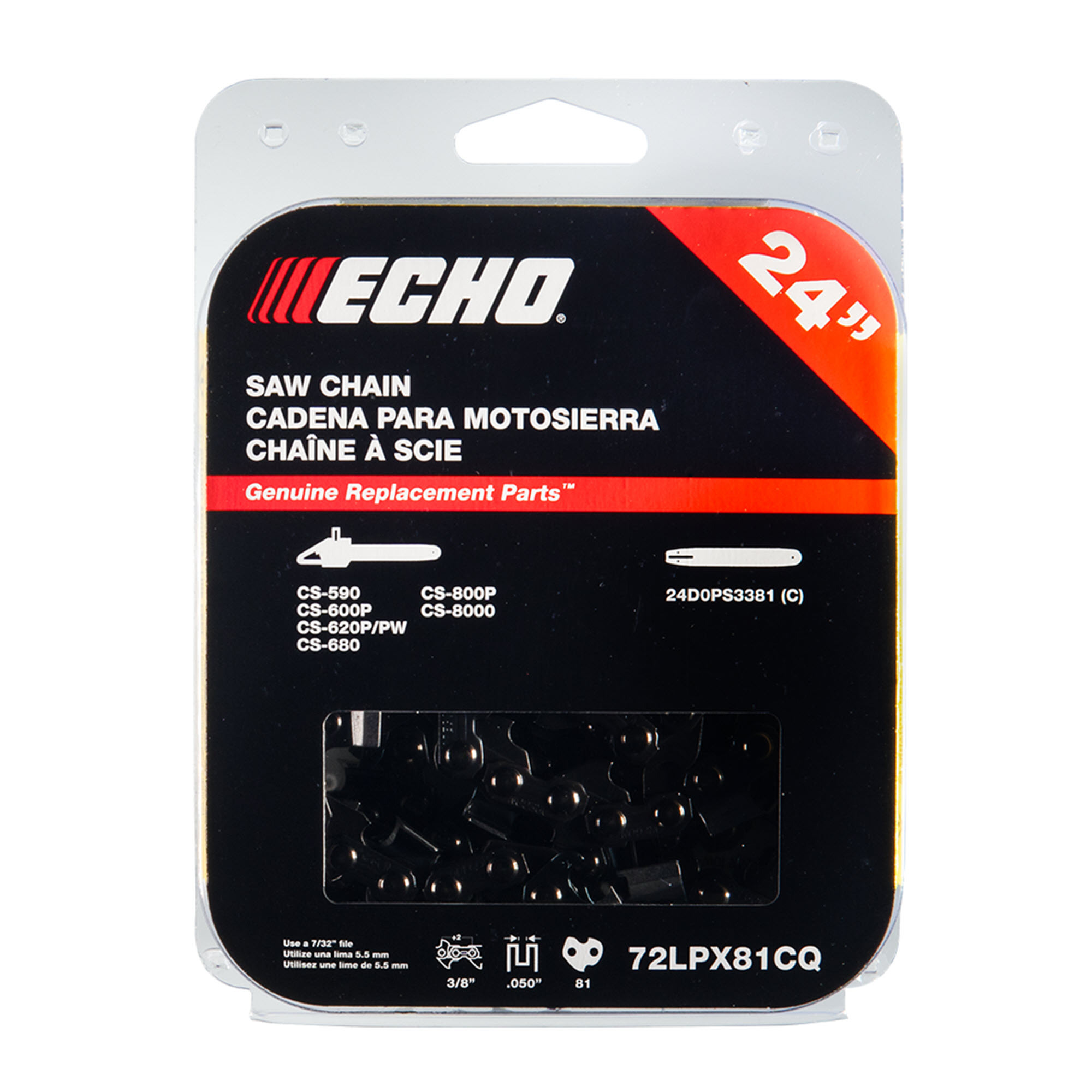 ECHO, 24" 72LPX replacement chain, 81 drive links, Pitch 3/8", Guage 0.050", Fits ECHO chainsaws CS-590, CS-620P, CS-620PW, CS-680 and CS-800P, Compatible with ECHO guide bar 24D0PS3881C, Model #72LPX81CQ