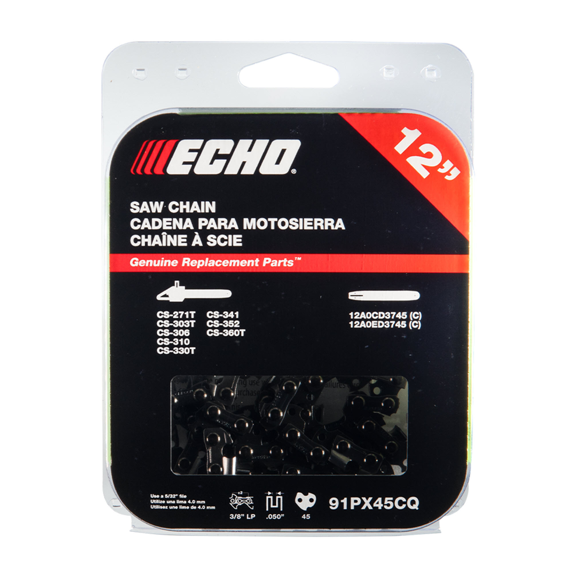 ECHO, 12" 91PX chainsaw chain, 45 drive links, chamfer chisel cutters, Pitch 3/8", Guage 0.043", For use on ECHO chainsaws CS-2511P & CS-2511T, Compatible with ECHO guide bars 12A0CD3745C & 12A0ED3745C, Model #91PX52CQ