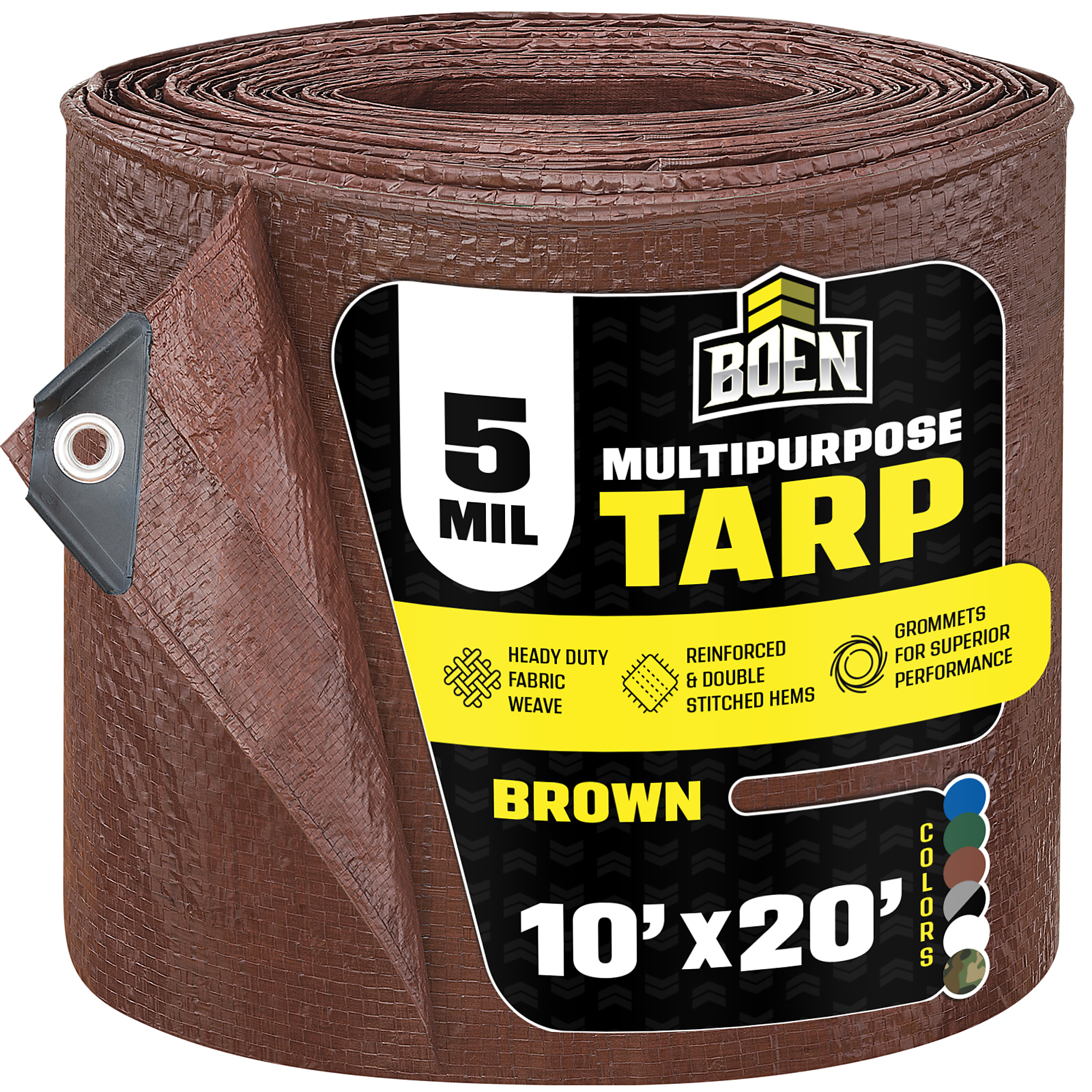 Boen 10 ft x 20 ft Brown Poly Tarp, 5 Mil Waterproof Multipurpose Tarps, Rope Hem, Reinforced Corners, Grommets Every 36 in, Outdoor Camping Yard Equipment