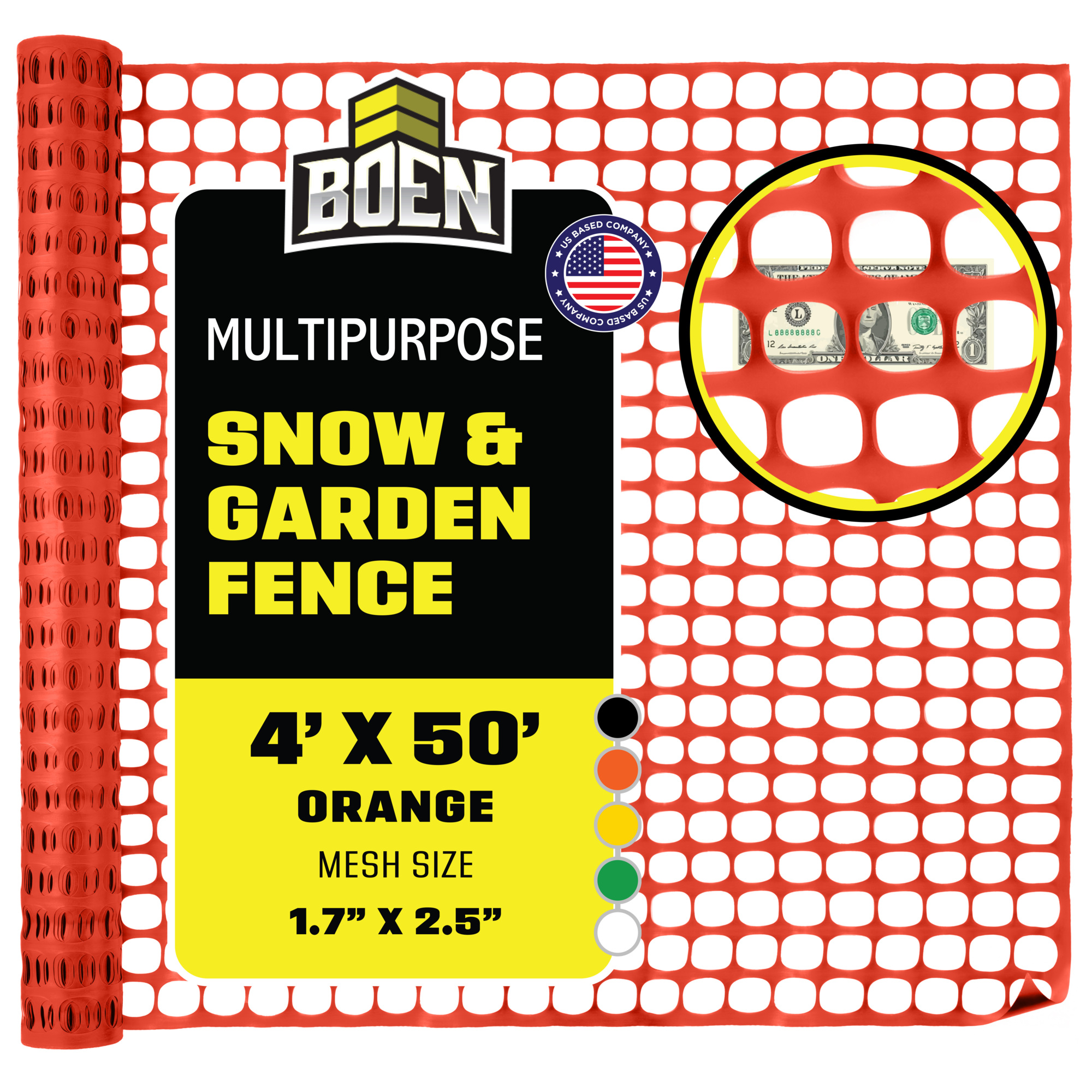 Boen Orange Temporary Fencing 4 ft x 50 ft, Mesh Snow Fence, Plastic, Safety Garden Netting, Above Ground Barrier, for Deer, Kids, Swimming Pool, Silt, Lawn, Rabbits, Poultry, Dogs, Construction