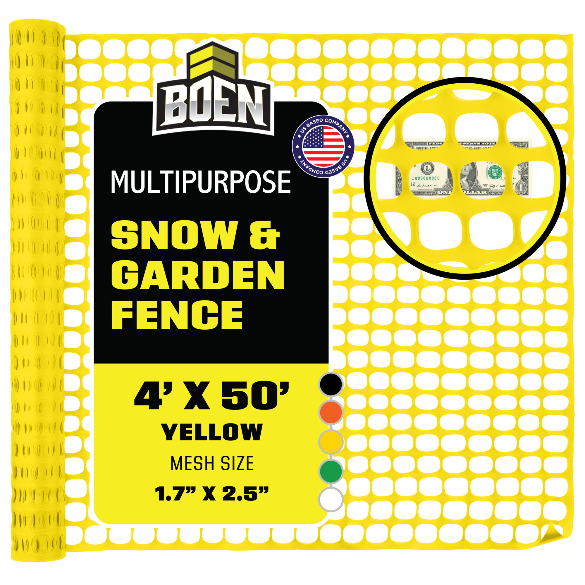 Boen Yellow Temporary Fencing 4 ft x 50 ft, Mesh Snow Fence, Plastic, Safety Garden Netting, Above Ground Barrier, for Deer, Kids, Swimming Pool, Silt, Lawn, Rabbits, Poultry, Dogs, Construction