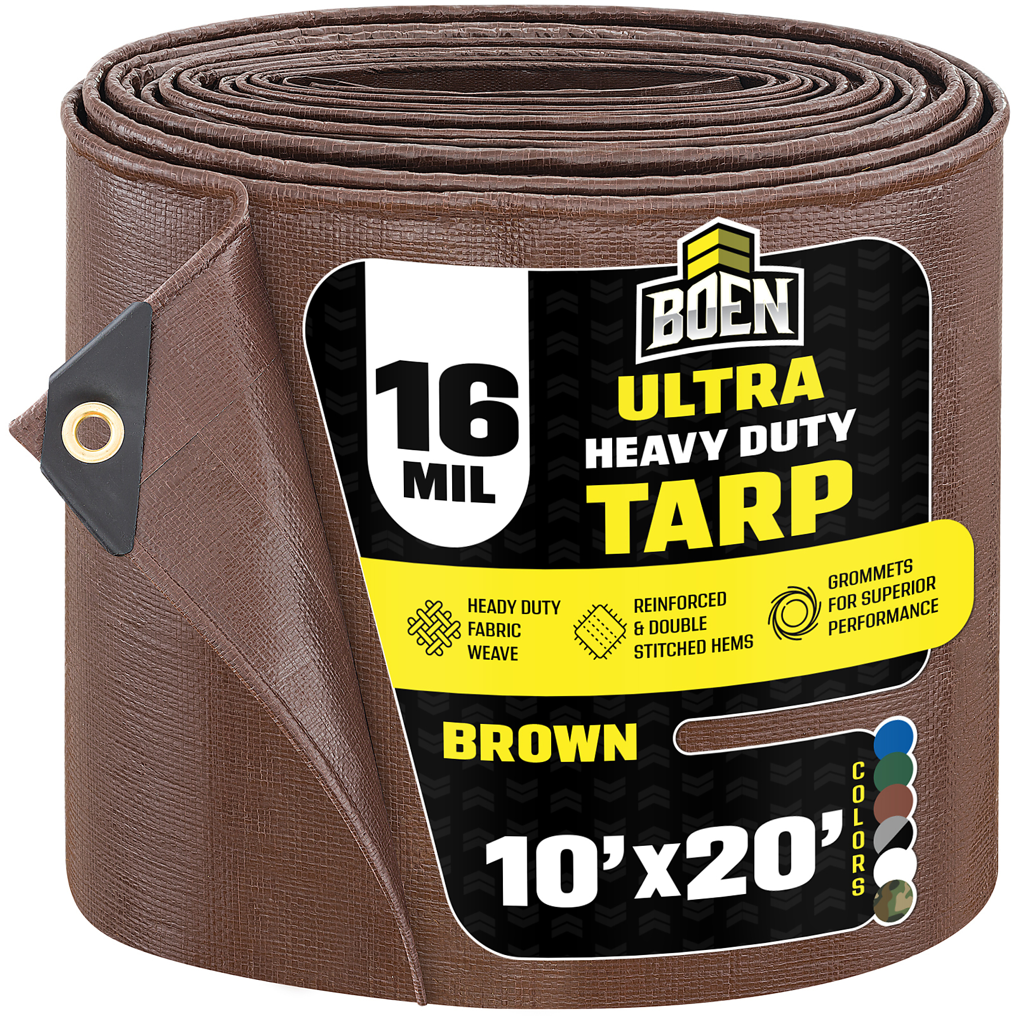 Boen 10 ft x 20 ft Brown Tarp, 16 Mil Thick Waterproof Ultra Heavy Duty Cover, Rip Proof Tarps, Thick Weave Material, UV Resistant Great for Tarpaulin Canopy Tent, Boat, RV or Pool Cover